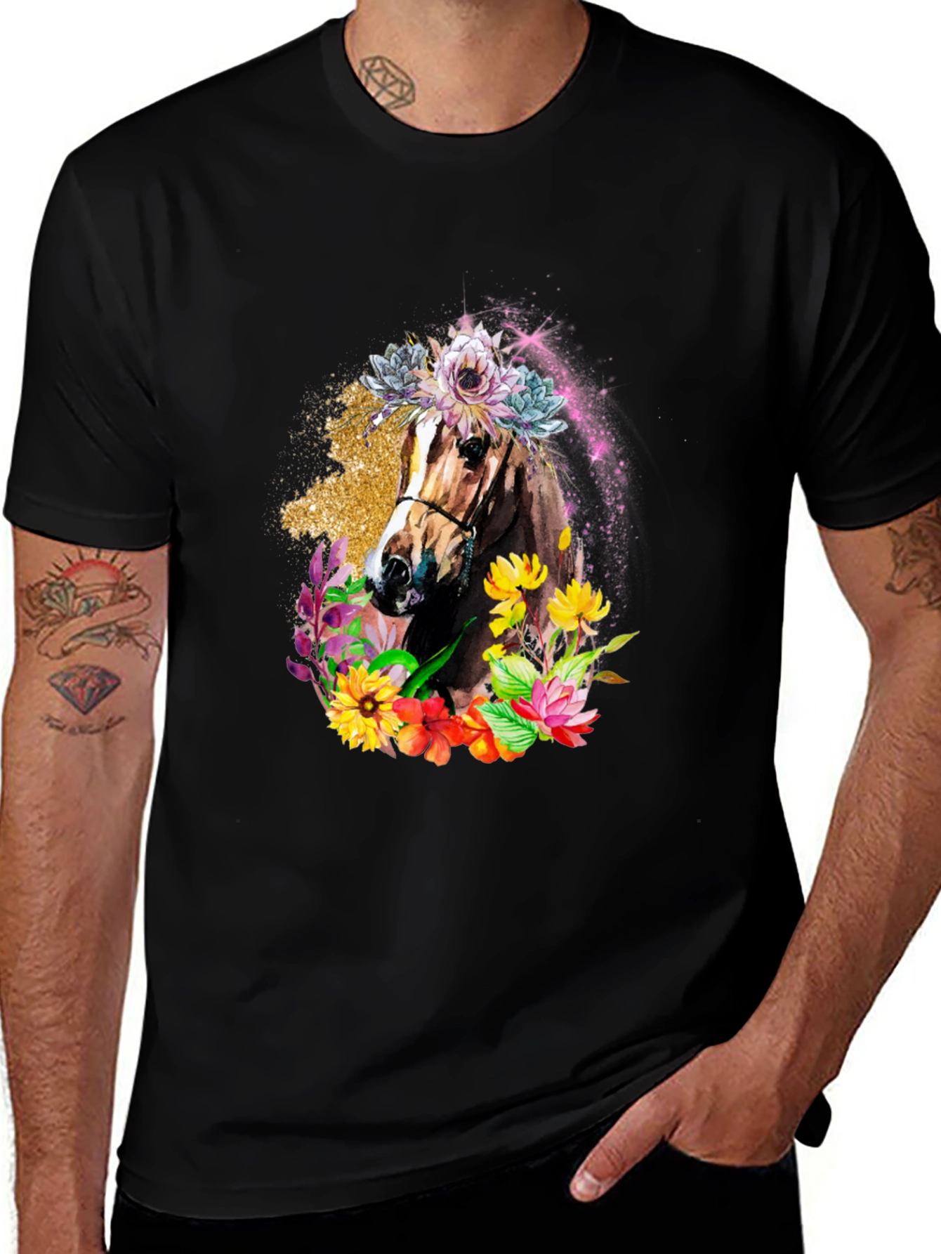 Floral Horse Graphic Tee - Black Unisex T-Shirt