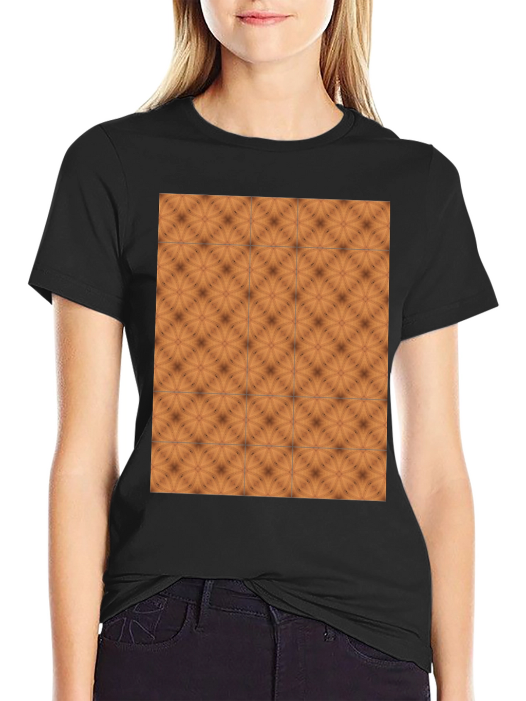 Geometric Tile Print Black Crew Neck Tee