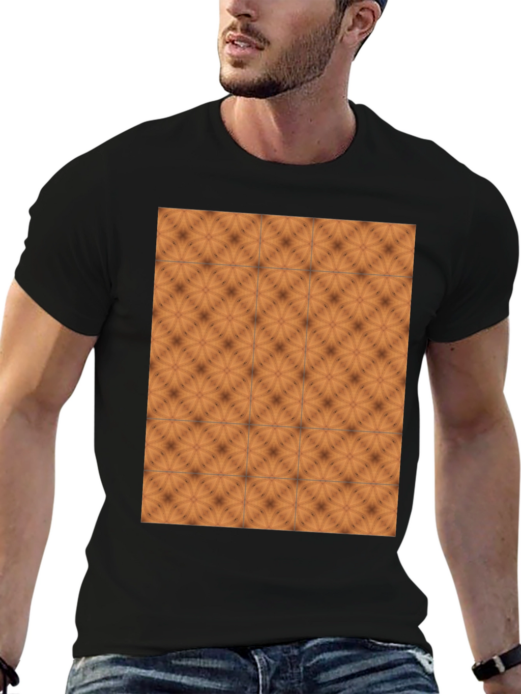 Geometric Tile Print Black Crew Neck Tee