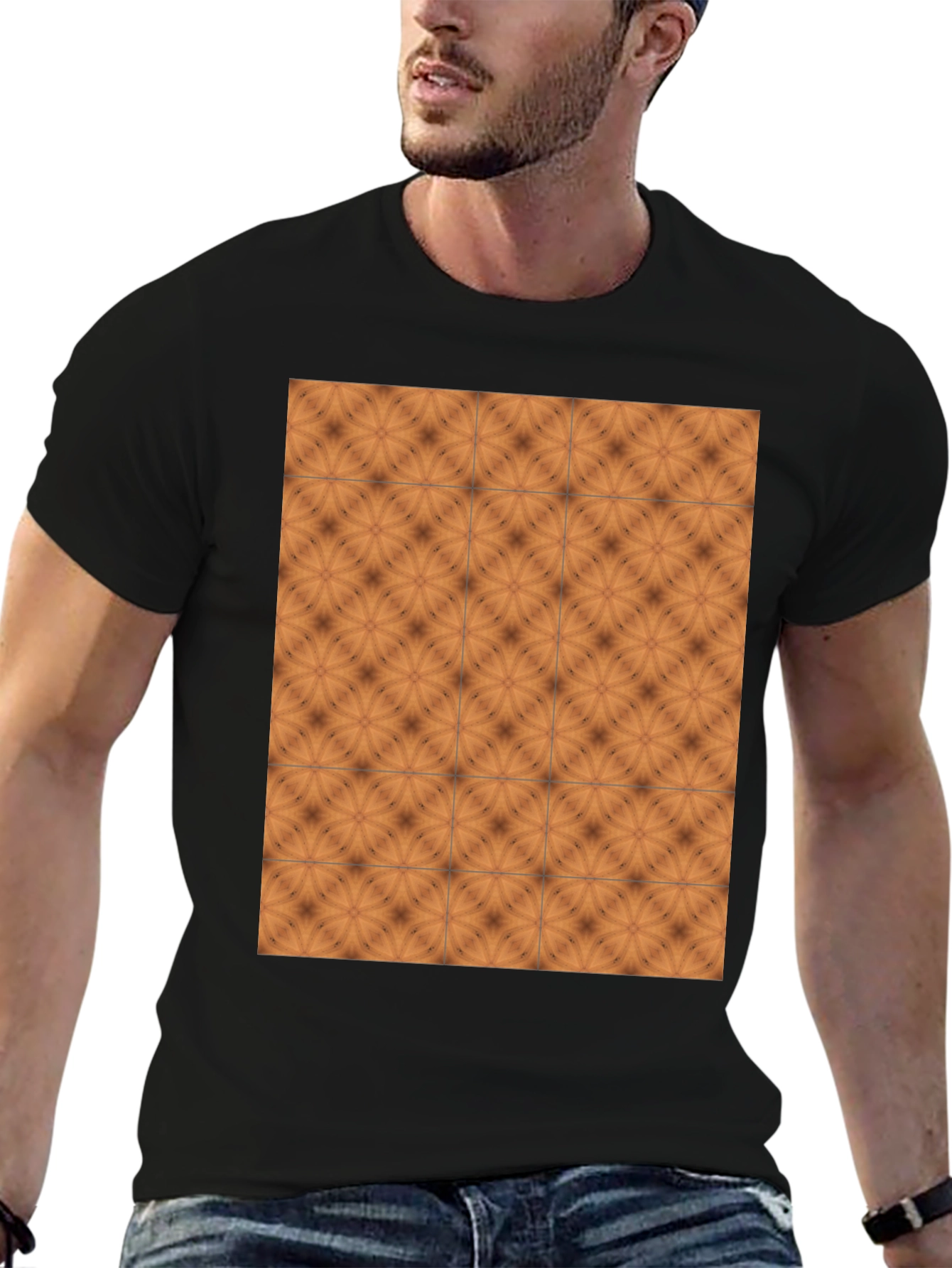 Geometric Tile Print Black Crew Neck Tee