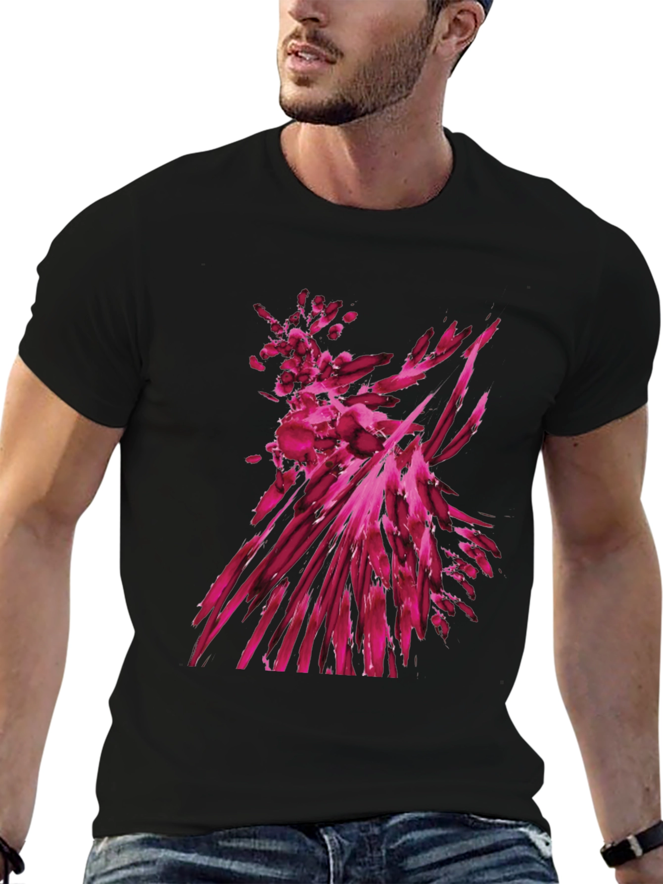 Abstract Magenta Graphic Print Black T-Shirt