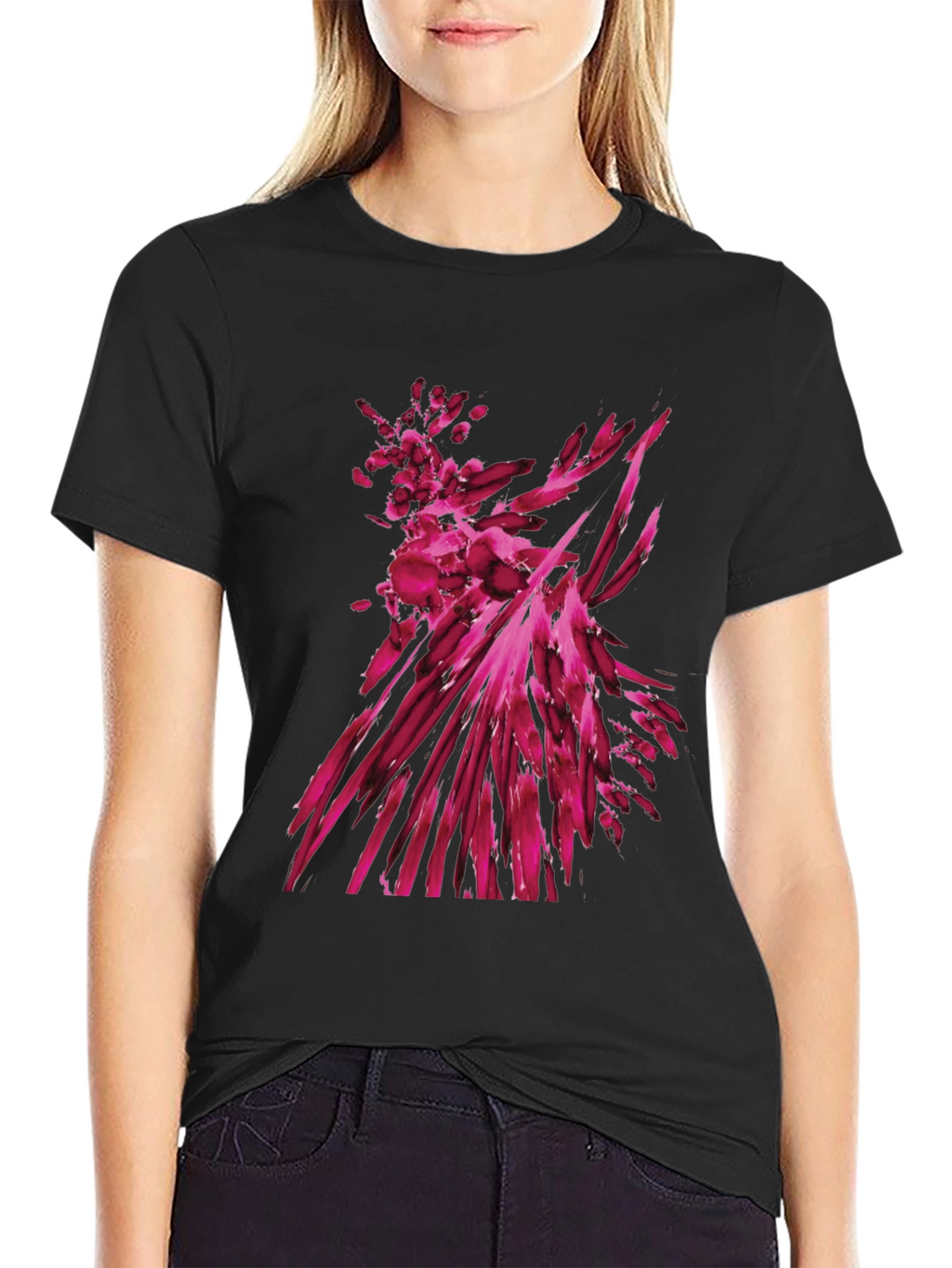 Abstract Magenta Graphic Print Black T-Shirt