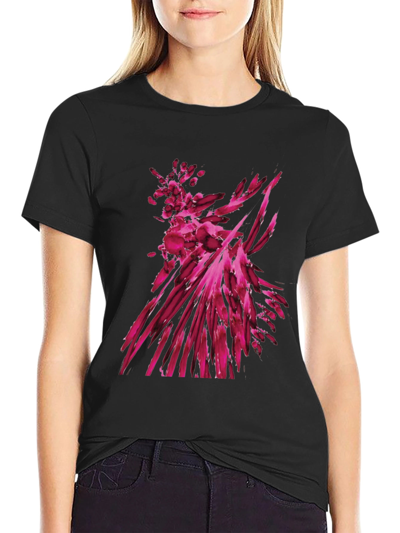 Abstract Magenta Graphic Print Black T-Shirt