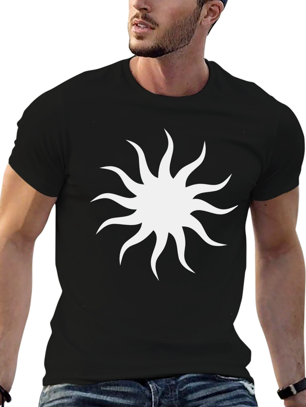 Black Tee with White Sunburst Design