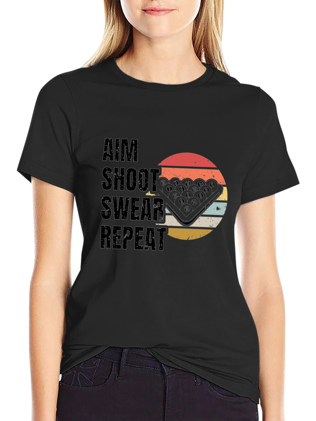 Aim Shoot Swear Repeat T-Shirt - Billiards Pool Player Tee