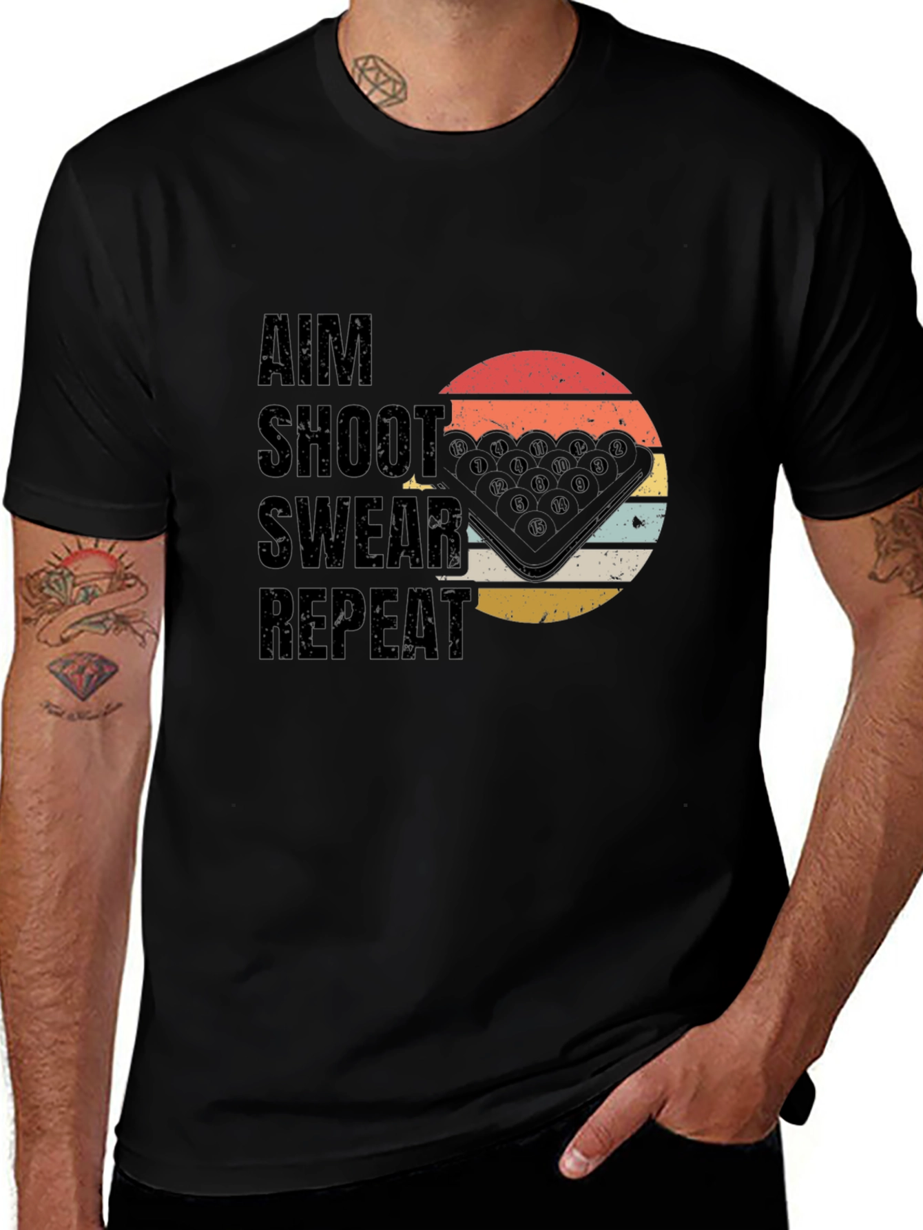 Aim Shoot Swear Repeat T-Shirt - Billiards Pool Player Tee
