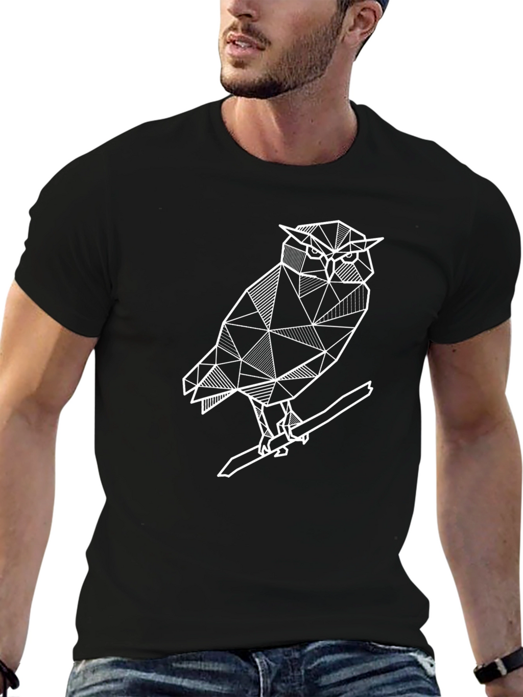 Geometric Owl Graphic Tee - Modern Mens Black T-Shirt