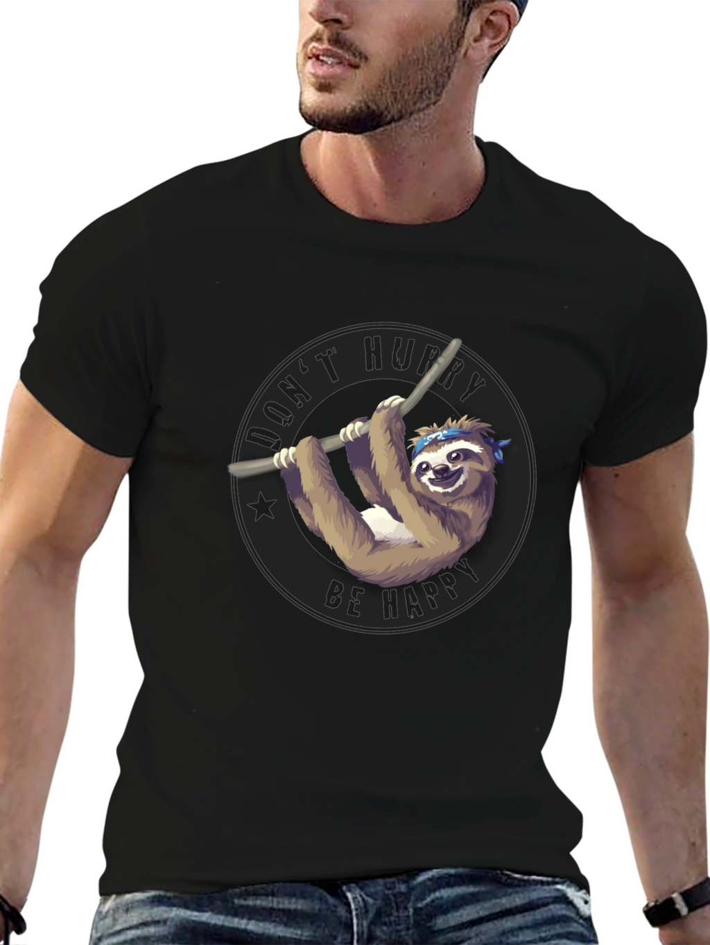 Mens Black T-Shirt Sloth Graphic Tee