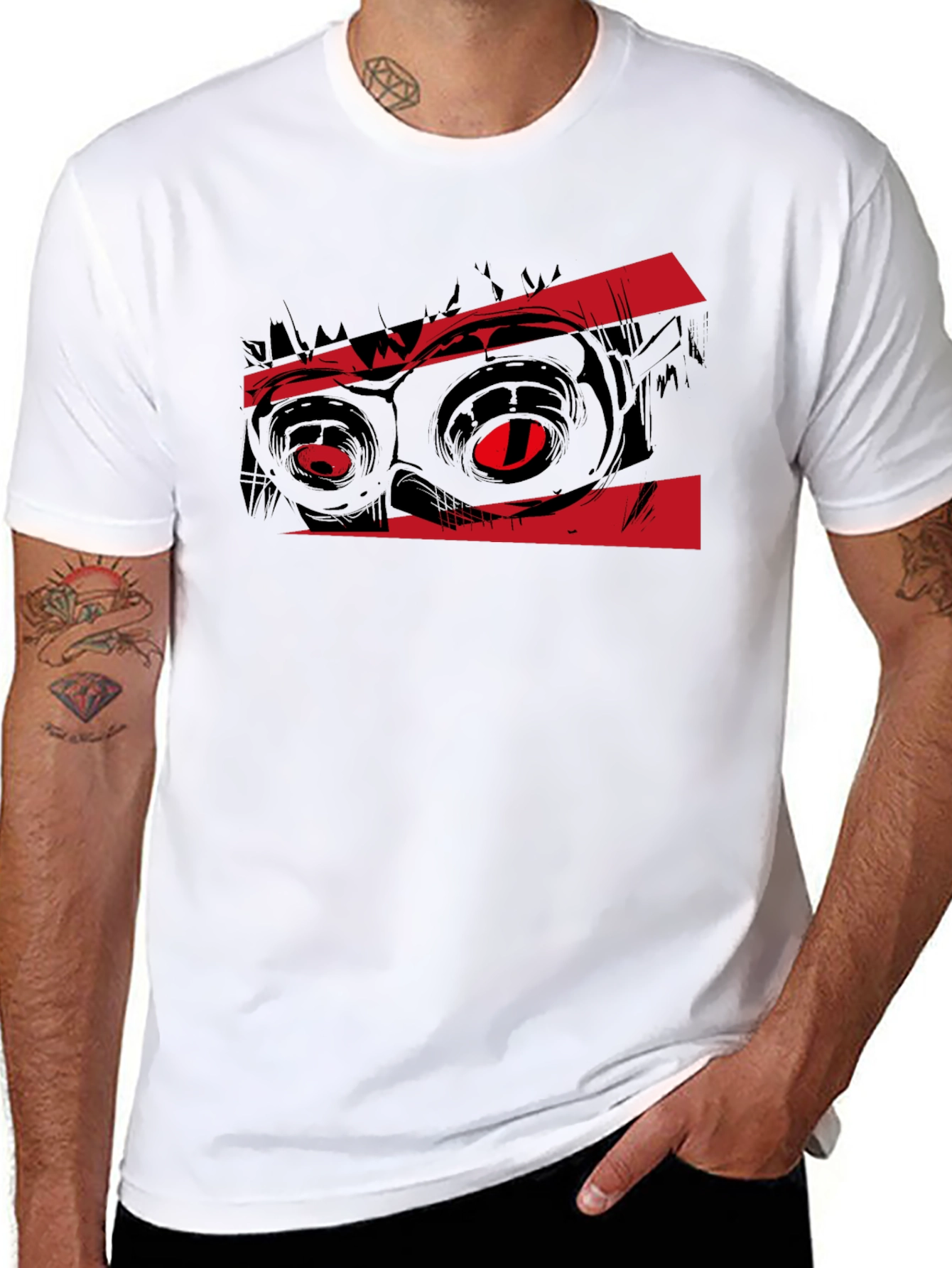Graphic Black T-Shirt with Red Monster Eyes Design