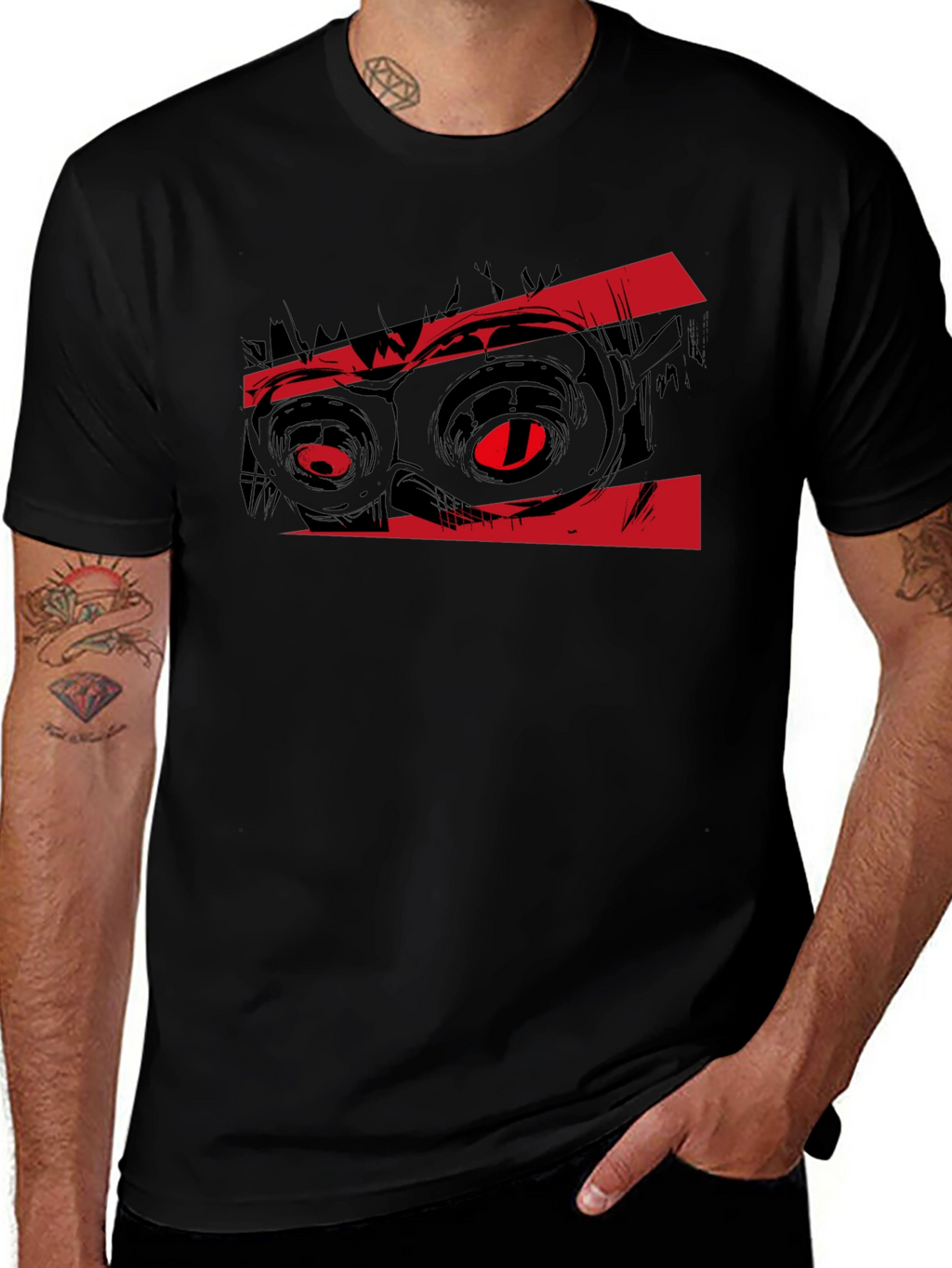 Graphic Black T-Shirt with Red Monster Eyes Design