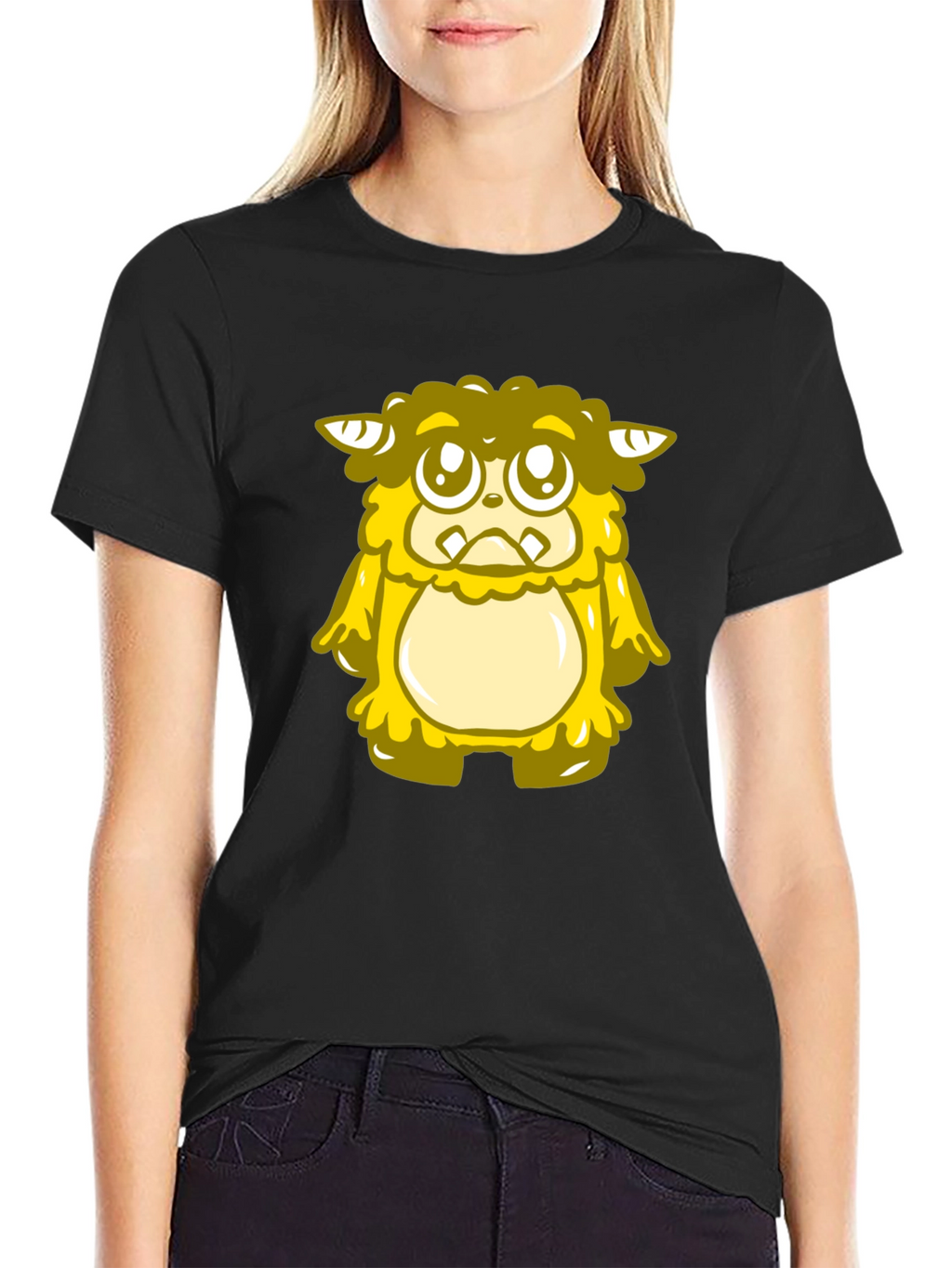 Cute Yellow Monster Graphic T-Shirt - Black
