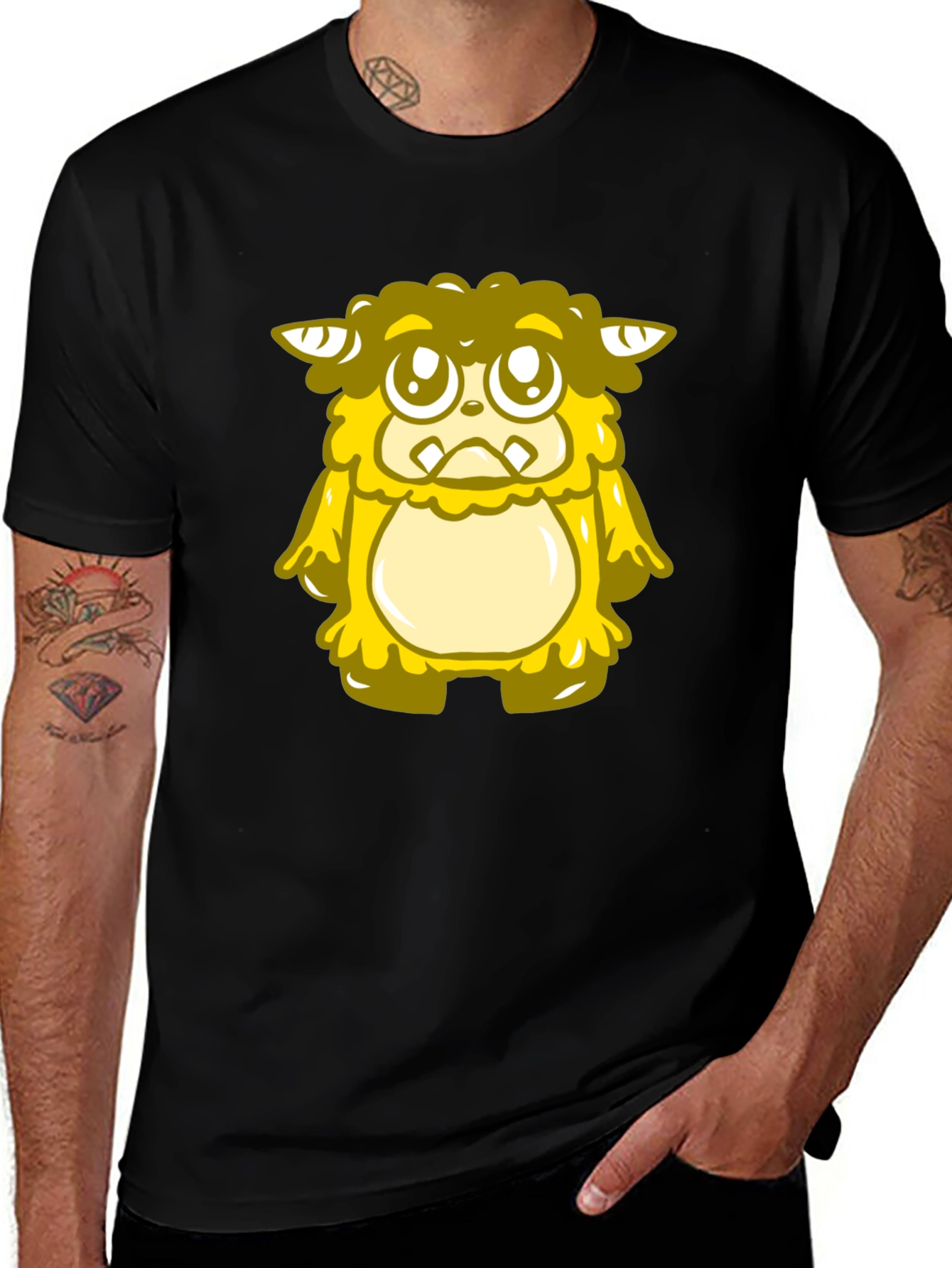 Cute Yellow Monster Graphic T-Shirt - Black
