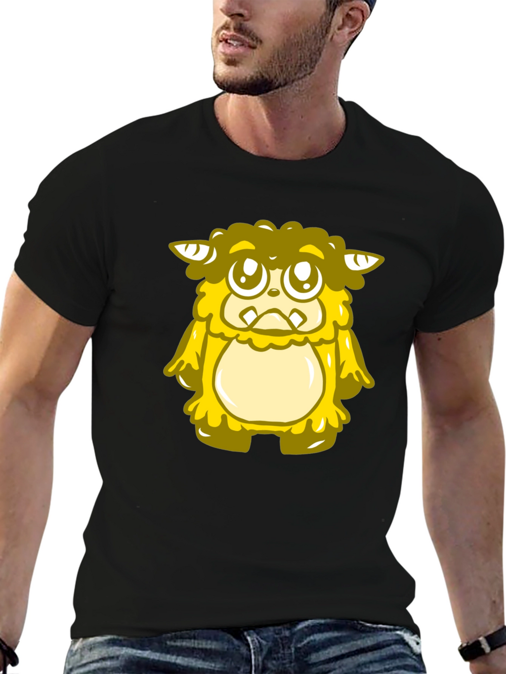 Cute Yellow Monster Graphic T-Shirt - Black