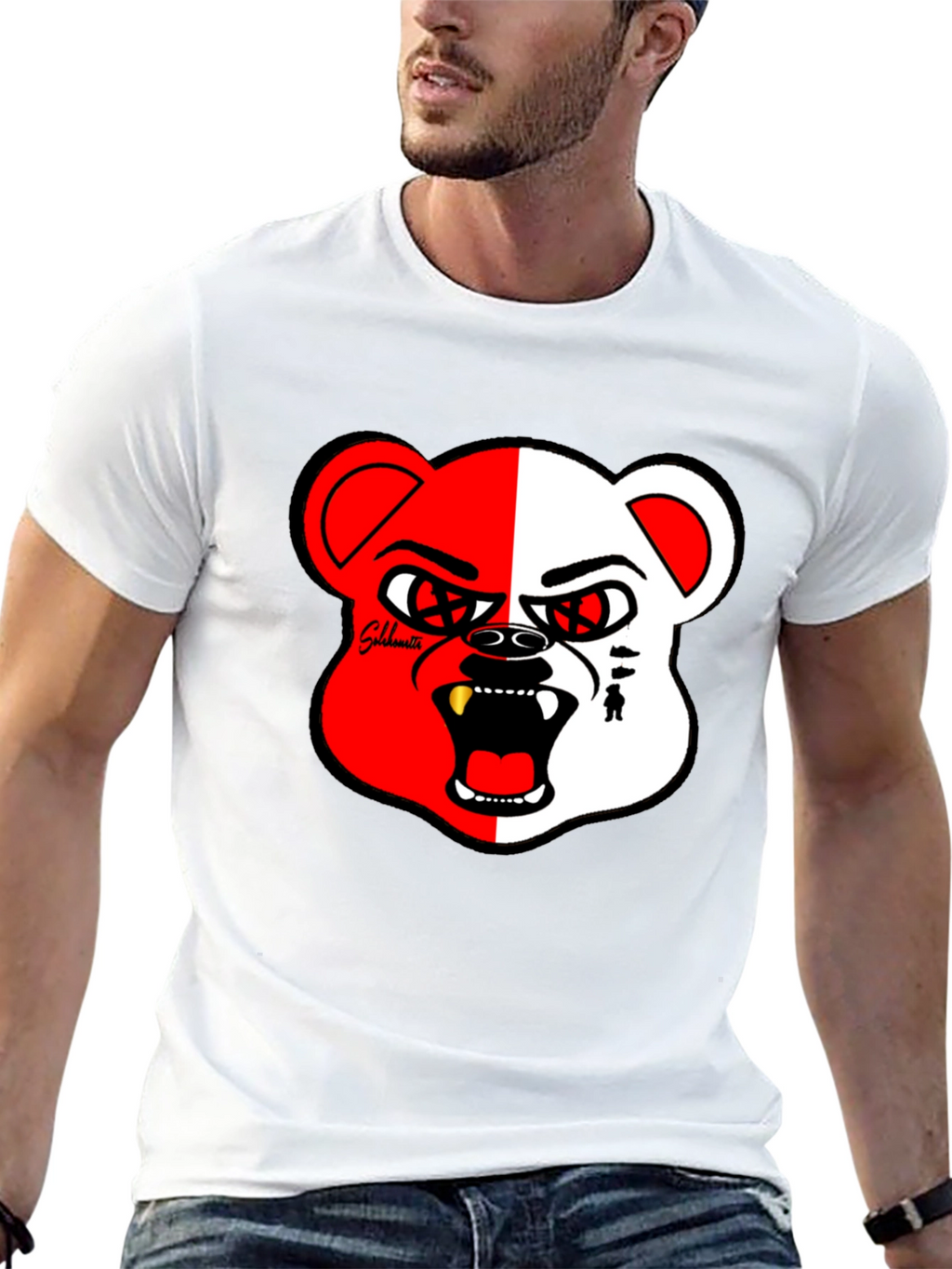 Bold Graphic Print Tee - Half Red/White Bear