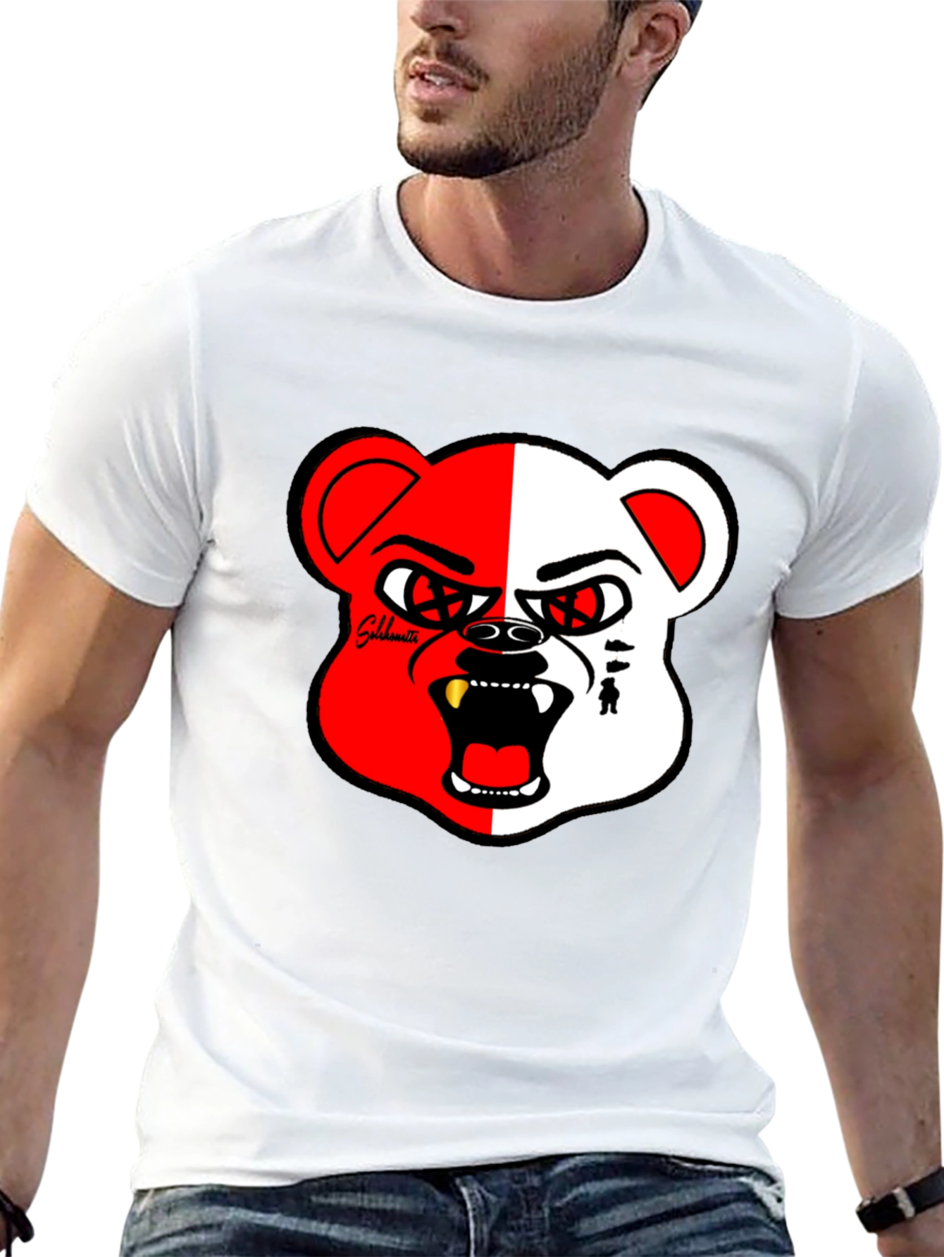 Bold Graphic Print Tee - Half Red/White Bear