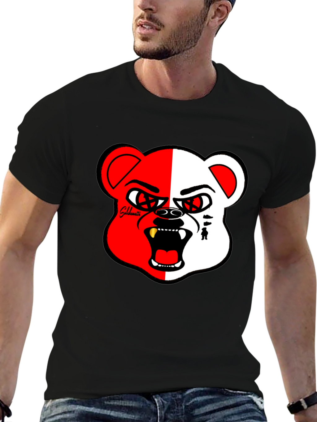 Bold Graphic Print Tee - Half Red/White Bear