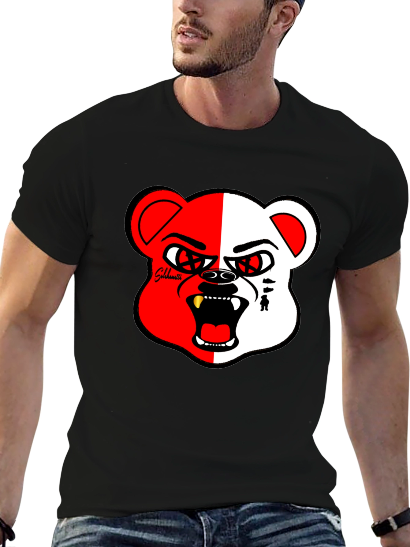 Bold Graphic Print Tee - Half Red/White Bear