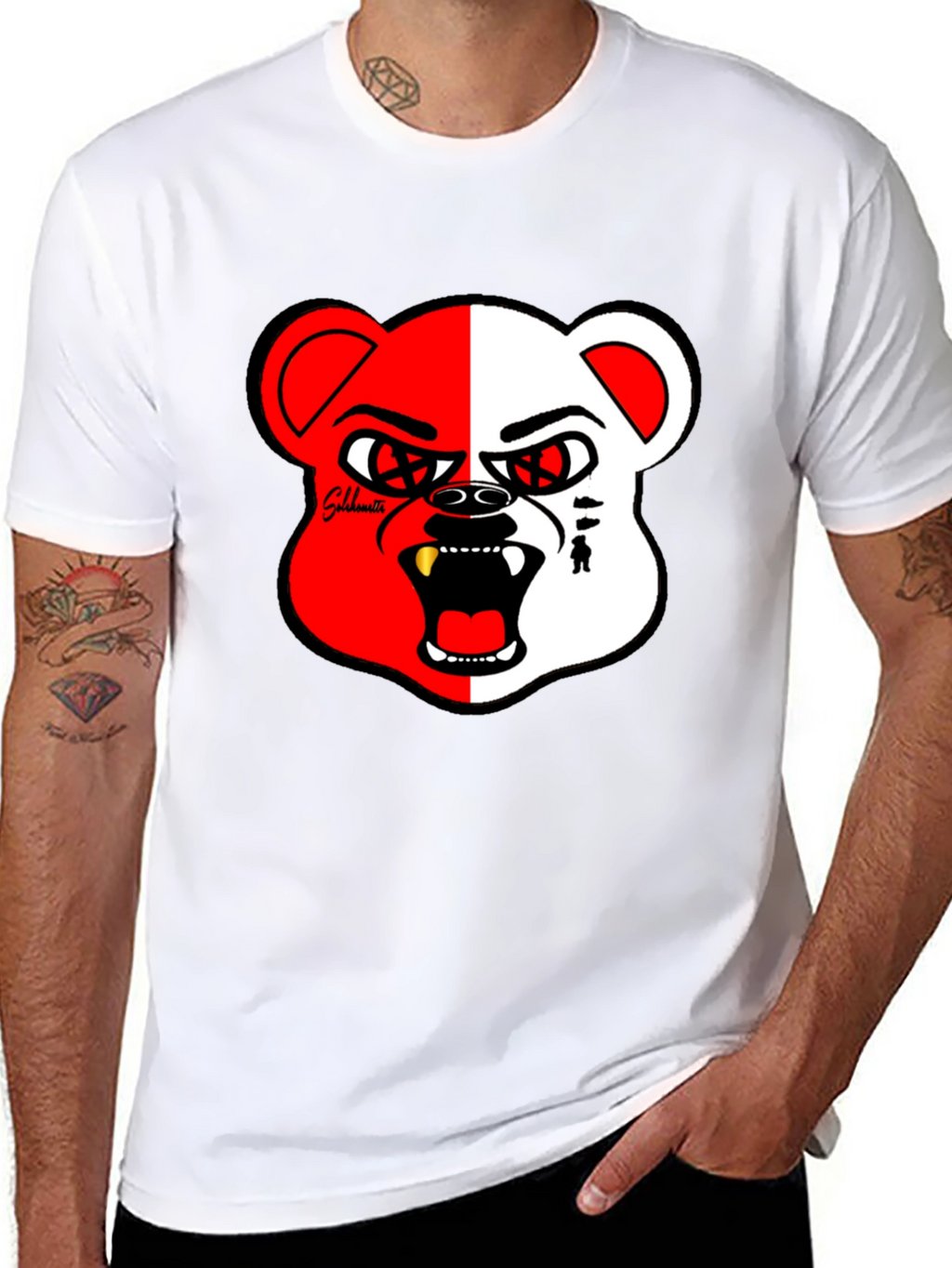 Bold Graphic Print Tee - Half Red/White Bear