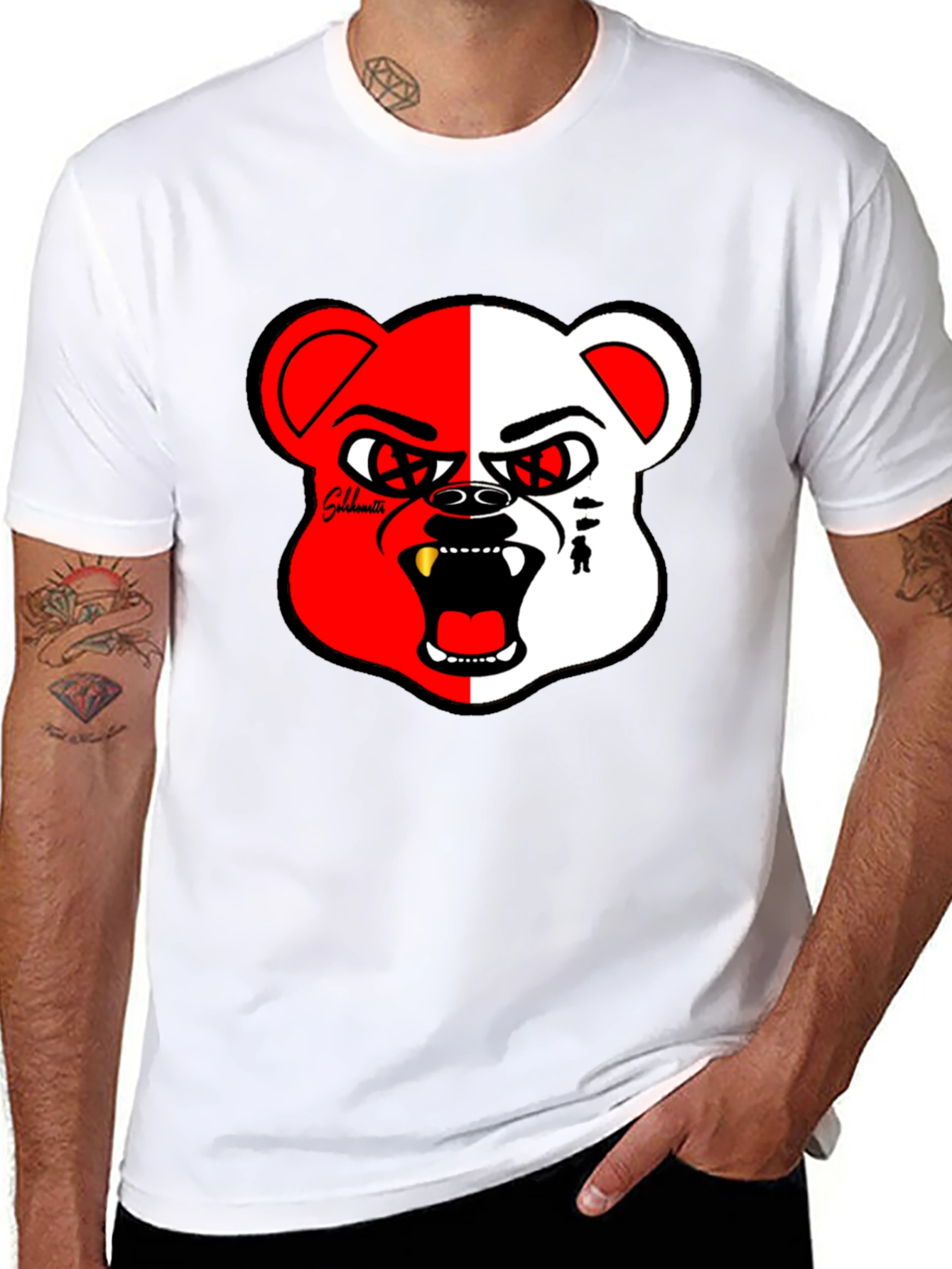 Bold Graphic Print Tee - Half Red/White Bear