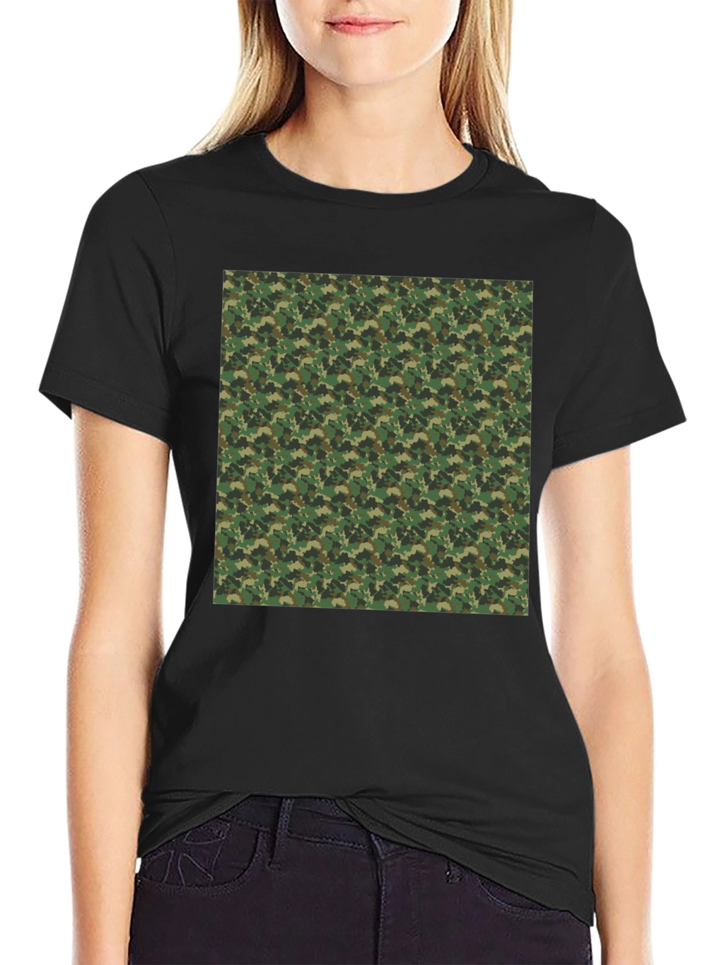 Camo Patterned Print Black T-Shirt