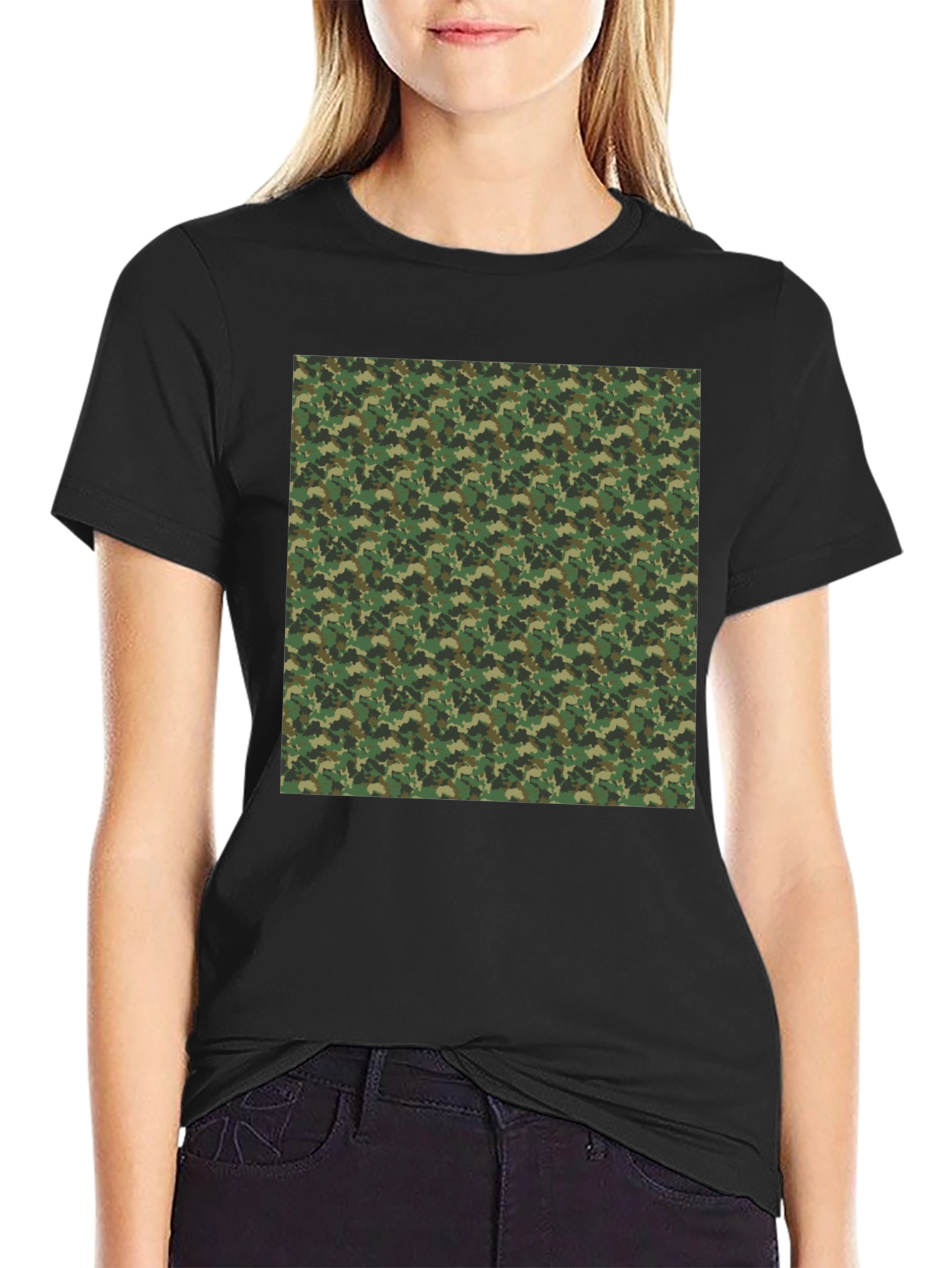 Camo Patterned Print Black T-Shirt