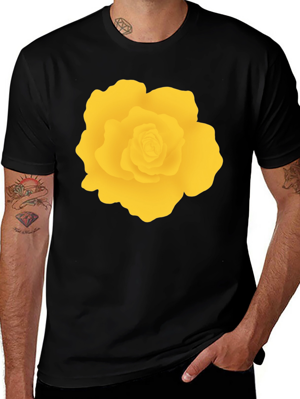 Black T-Shirt with Yellow Rose Graphic