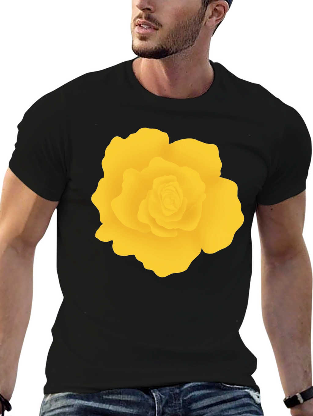 Black T-Shirt with Yellow Rose Graphic