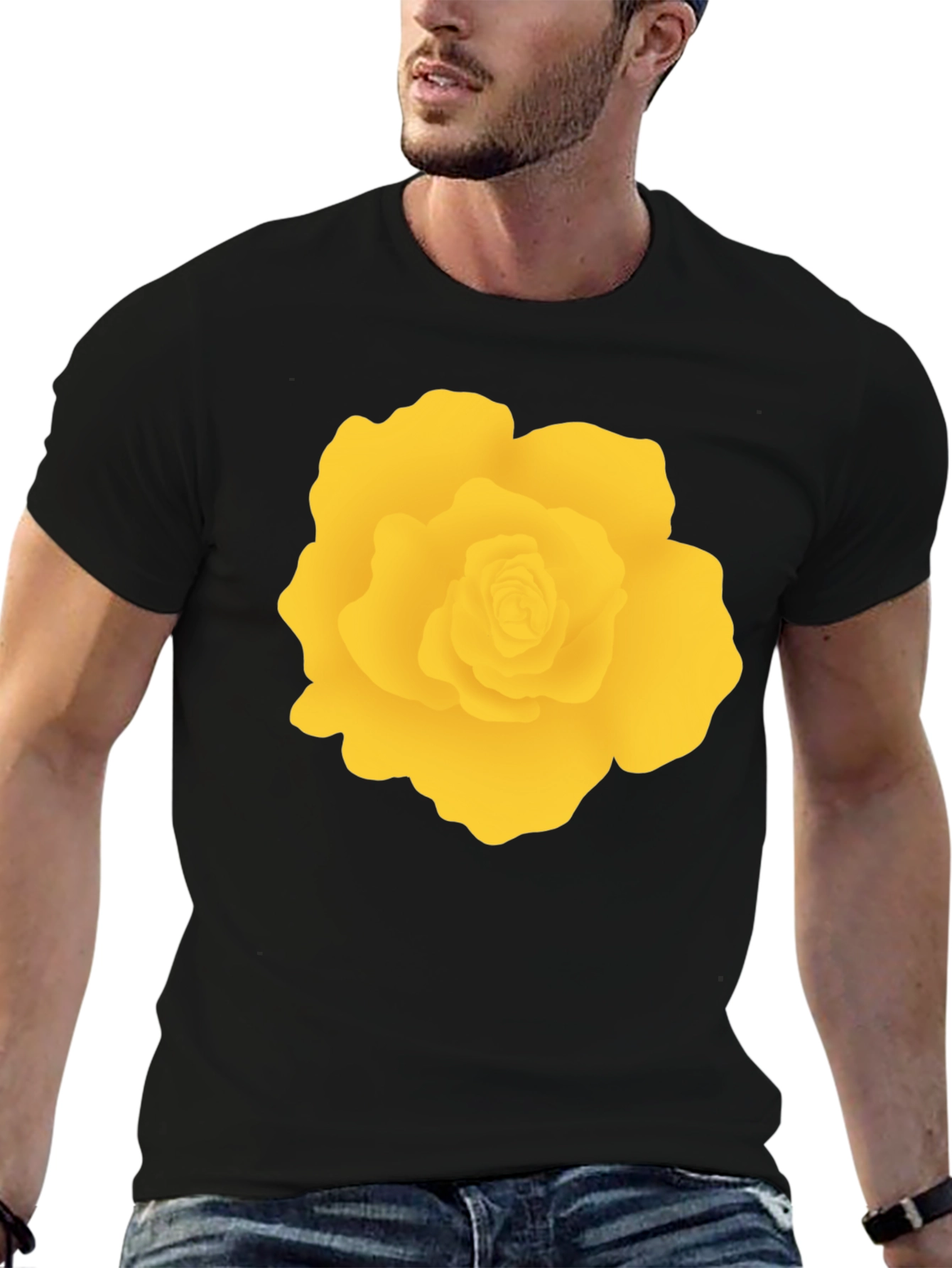 Black T-Shirt with Yellow Rose Graphic