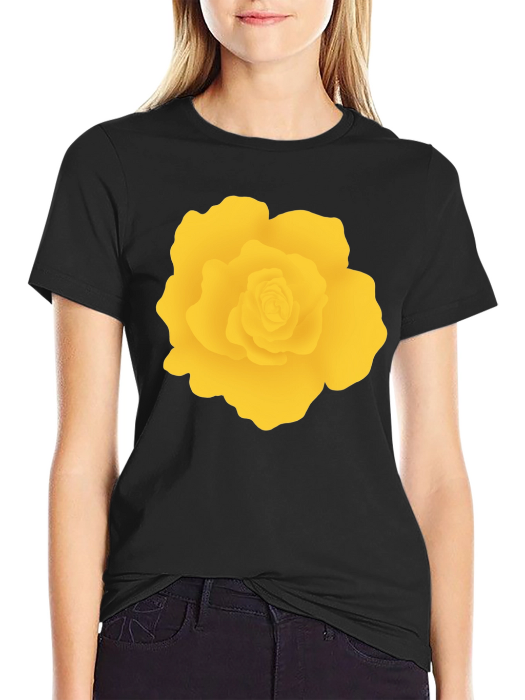 Black T-Shirt with Yellow Rose Graphic