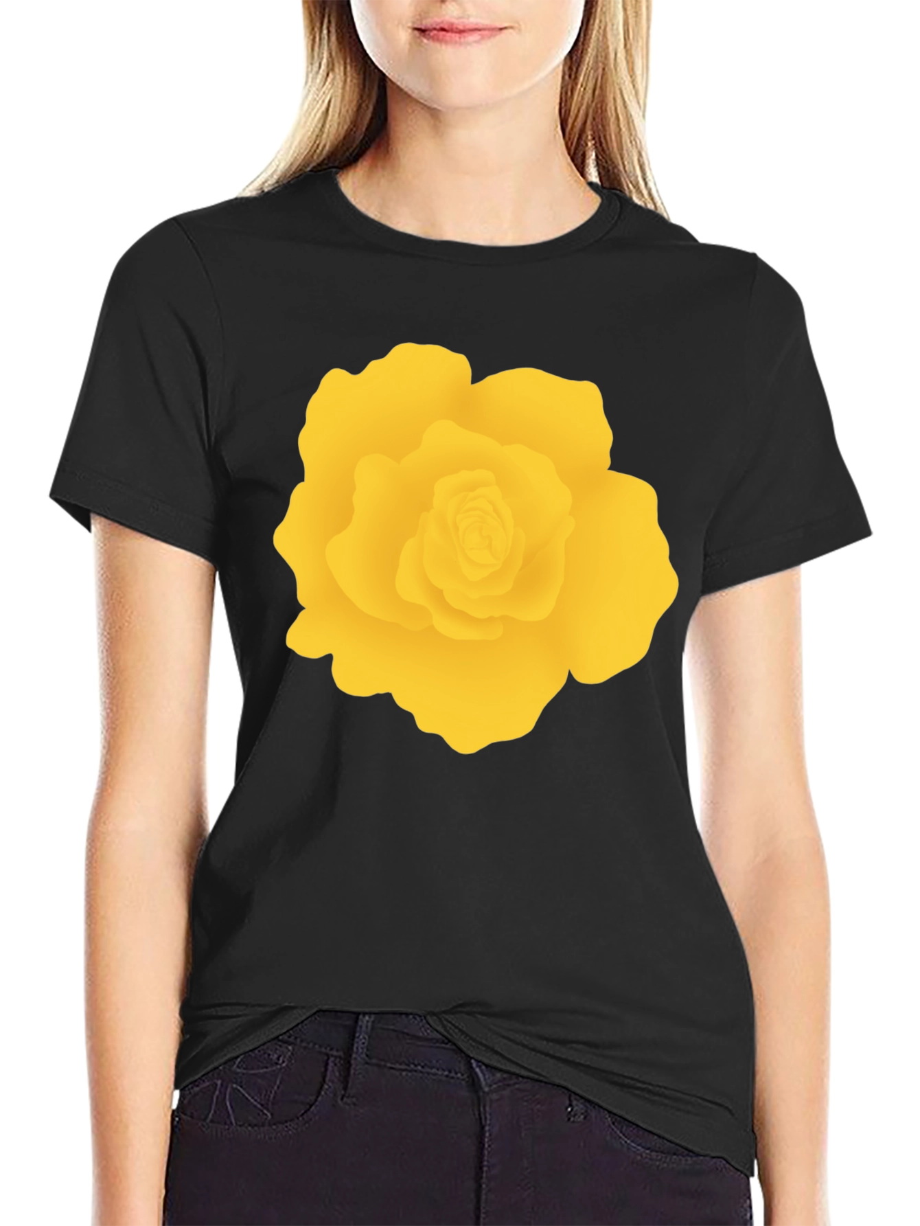 Black T-Shirt with Yellow Rose Graphic