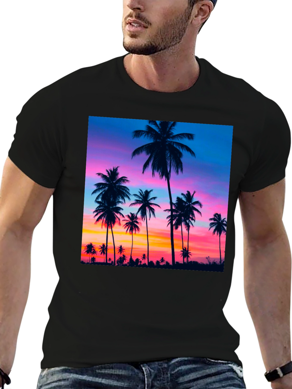 Sunset Palm Tree Graphic Black T-Shirt