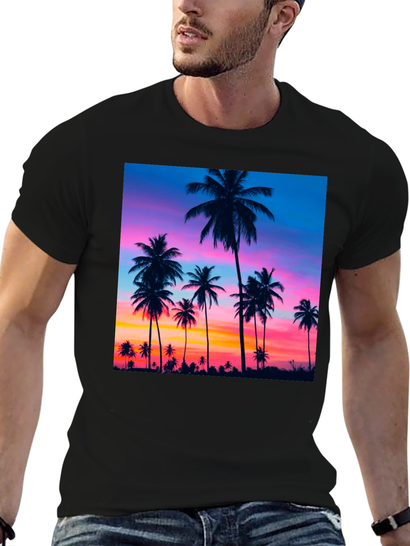 Sunset Palm Tree Graphic Black T-Shirt