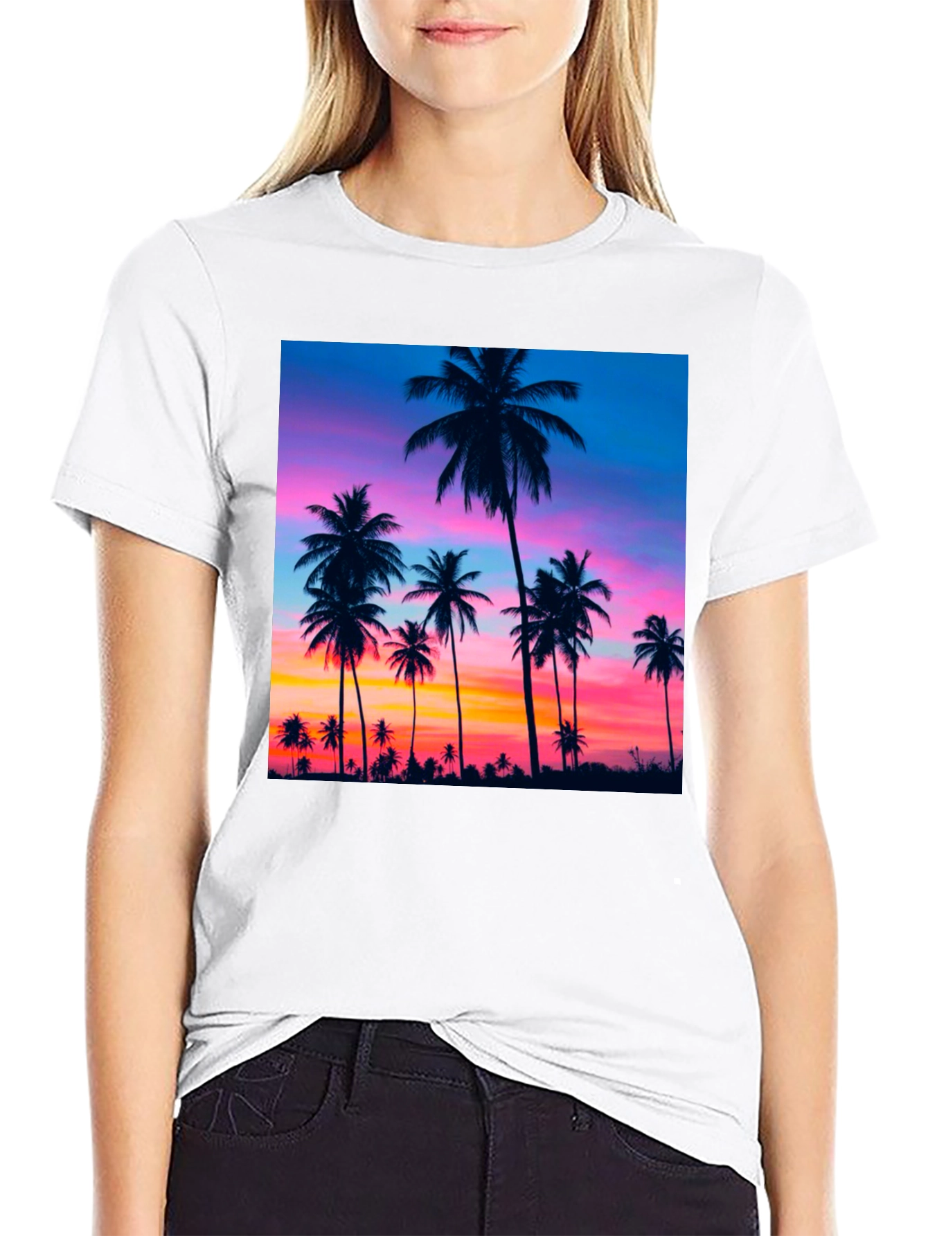 Sunset Palm Tree Graphic Black T-Shirt