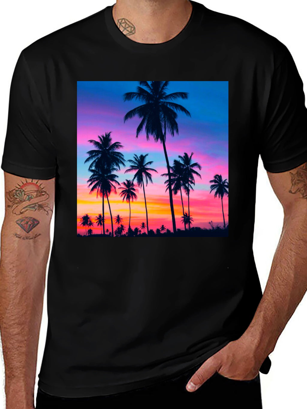 Sunset Palm Tree Graphic Black T-Shirt