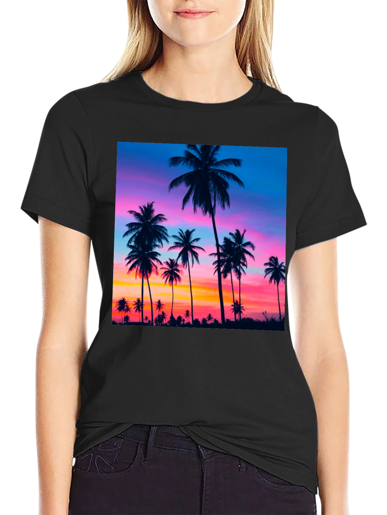Sunset Palm Tree Graphic Black T-Shirt