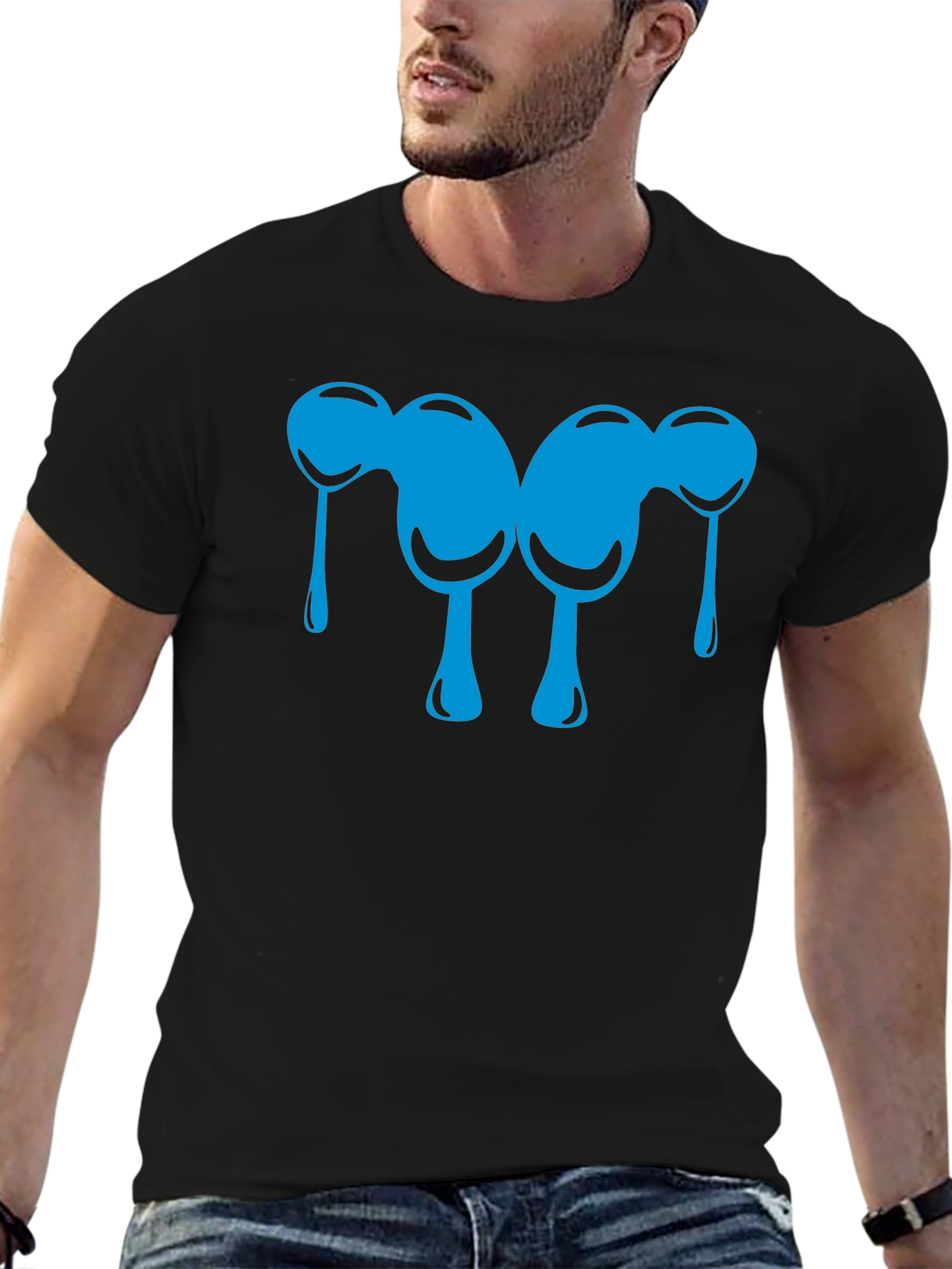 Abstract Blue Drip Design Black T-Shirt