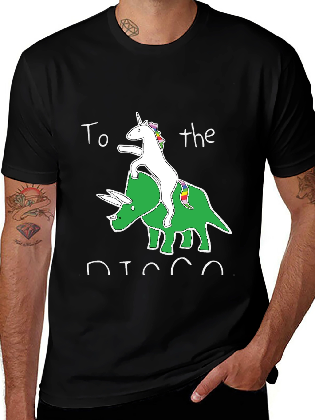 Unicorn Riding Triceratops Black Graphic T-Shirt