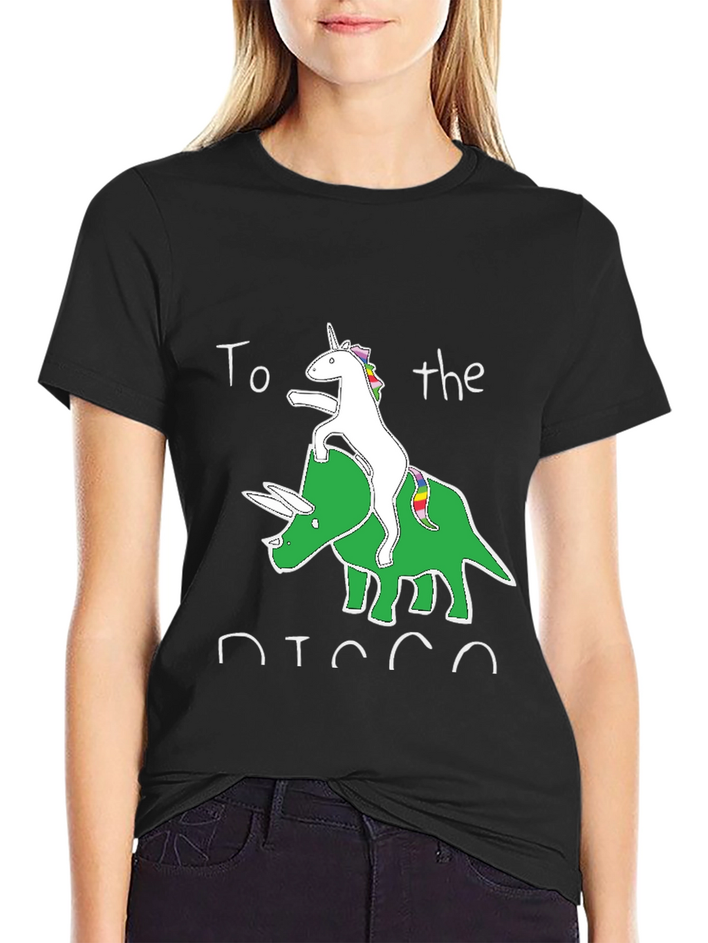 Unicorn Riding Triceratops Black Graphic T-Shirt