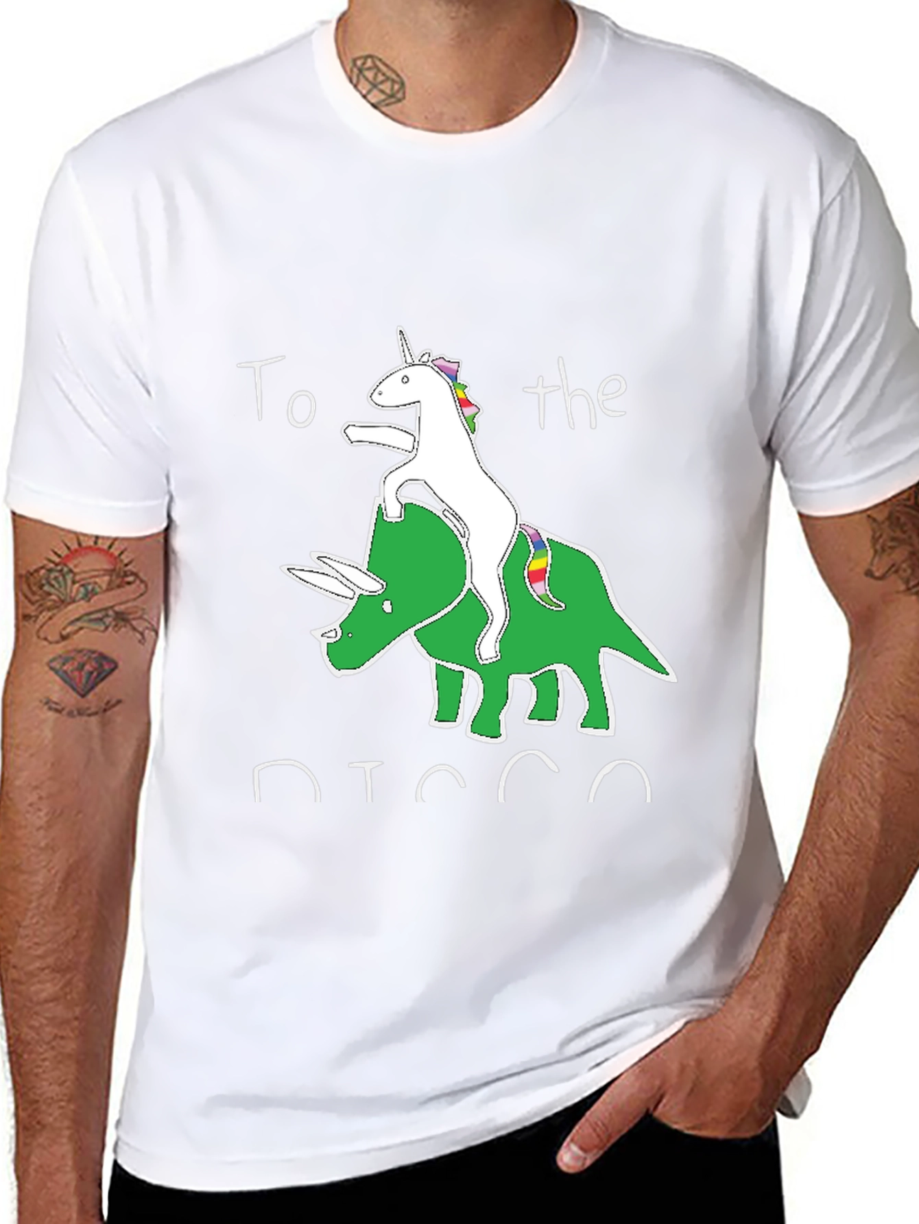 Unicorn Riding Triceratops Black Graphic T-Shirt
