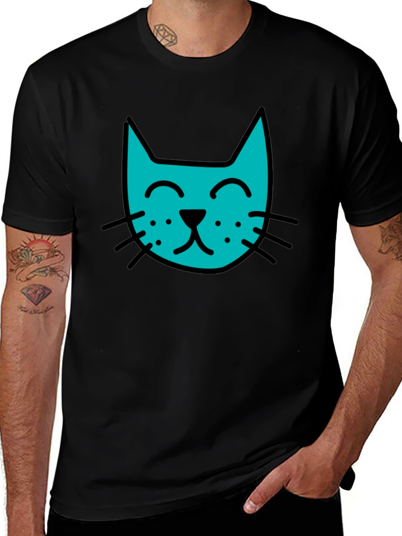 Cool Cat Tee - Black Cotton Blend Casual T-Shirt