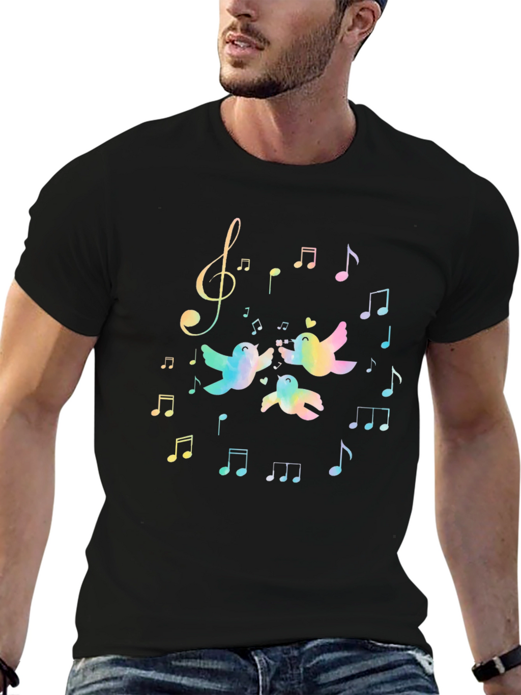 Rainbow Bird Music Notes Black T-Shirt