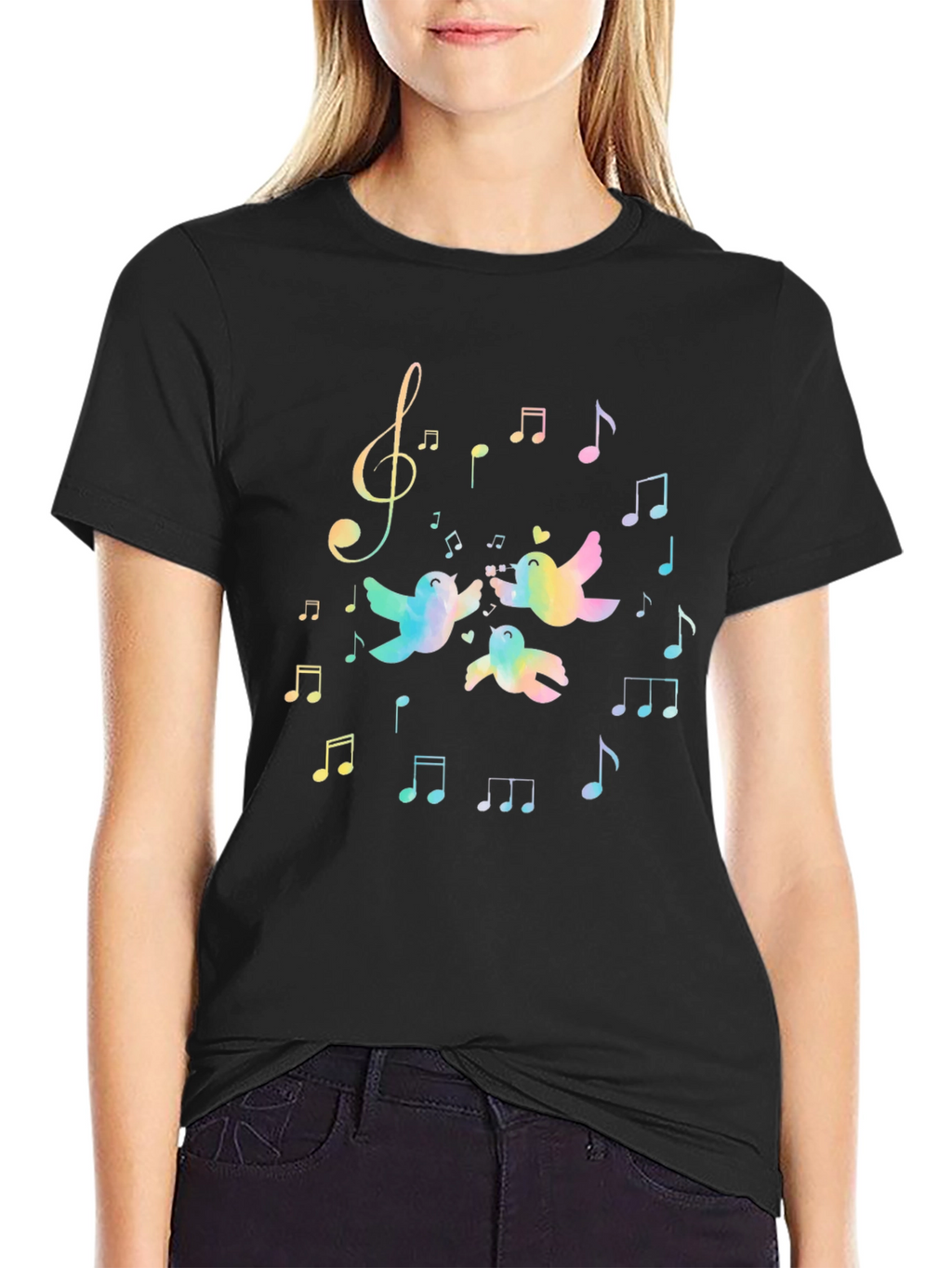 Rainbow Bird Music Notes Black T-Shirt