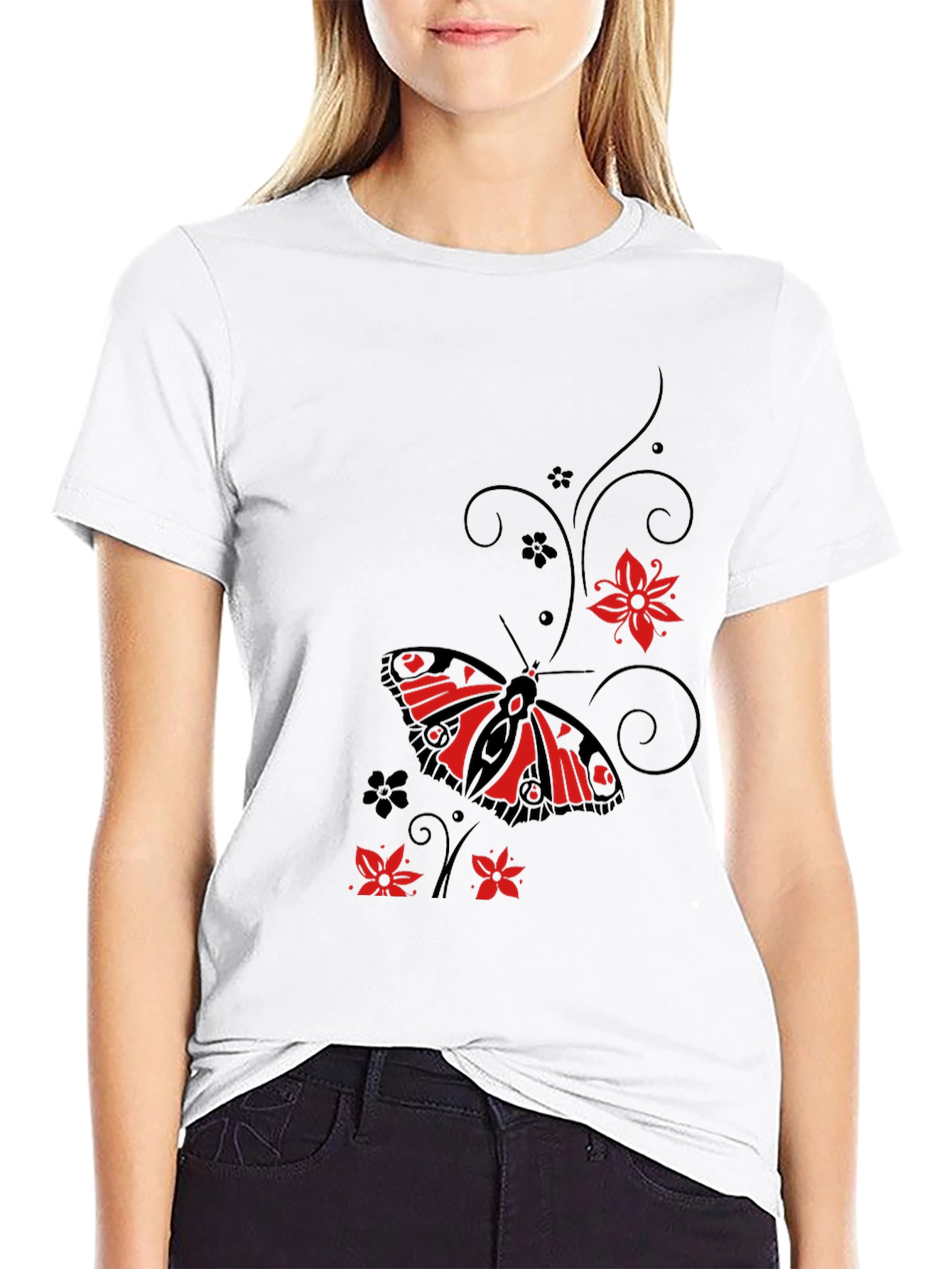 Butterfly & Floral Graphic Black T-Shirt