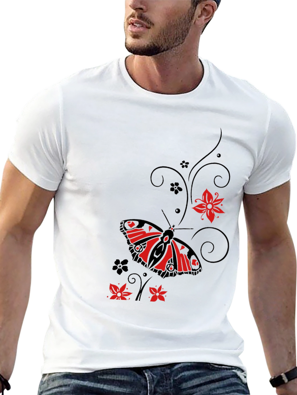 Butterfly & Floral Graphic Black T-Shirt