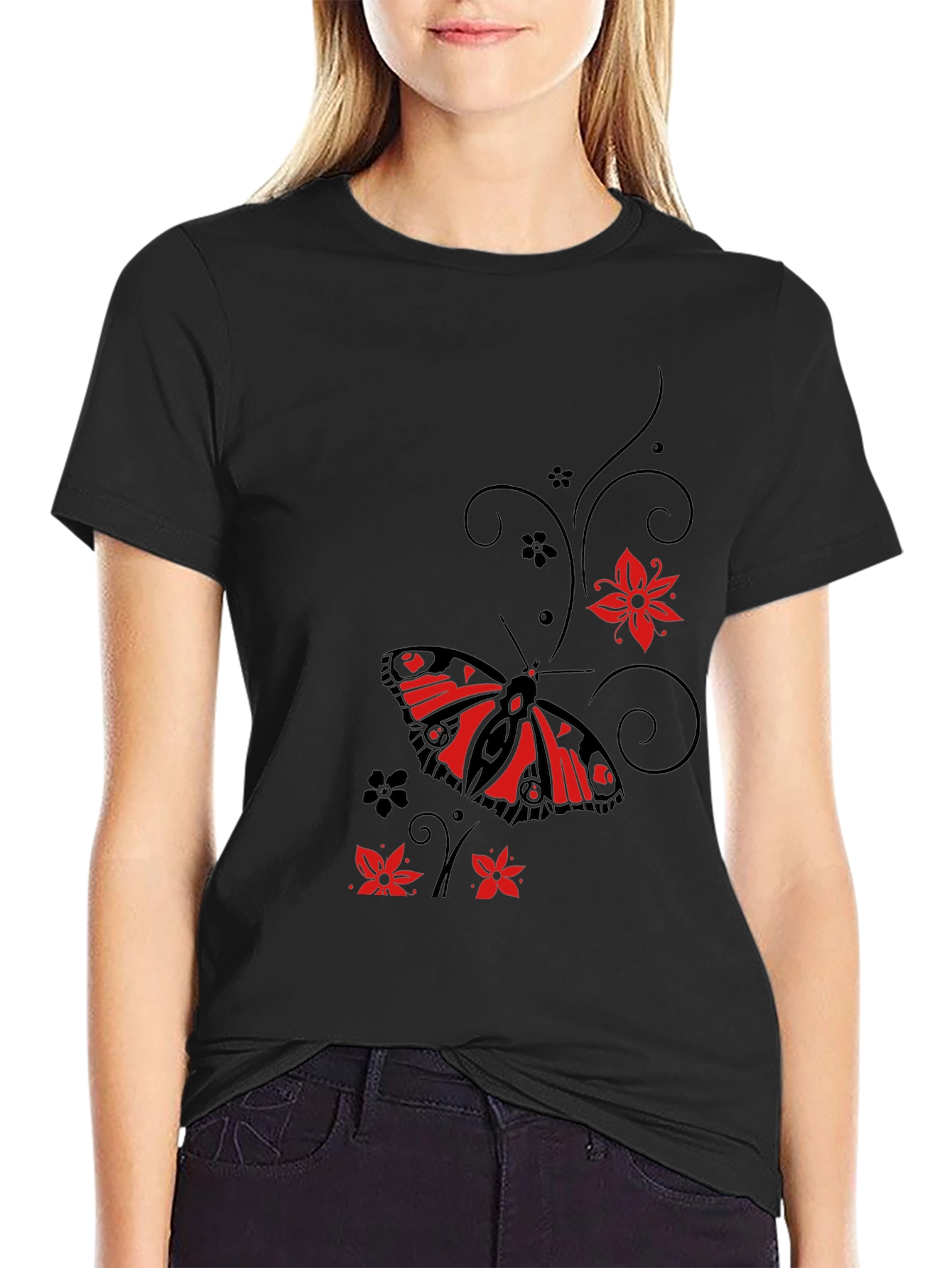 Butterfly & Floral Graphic Black T-Shirt