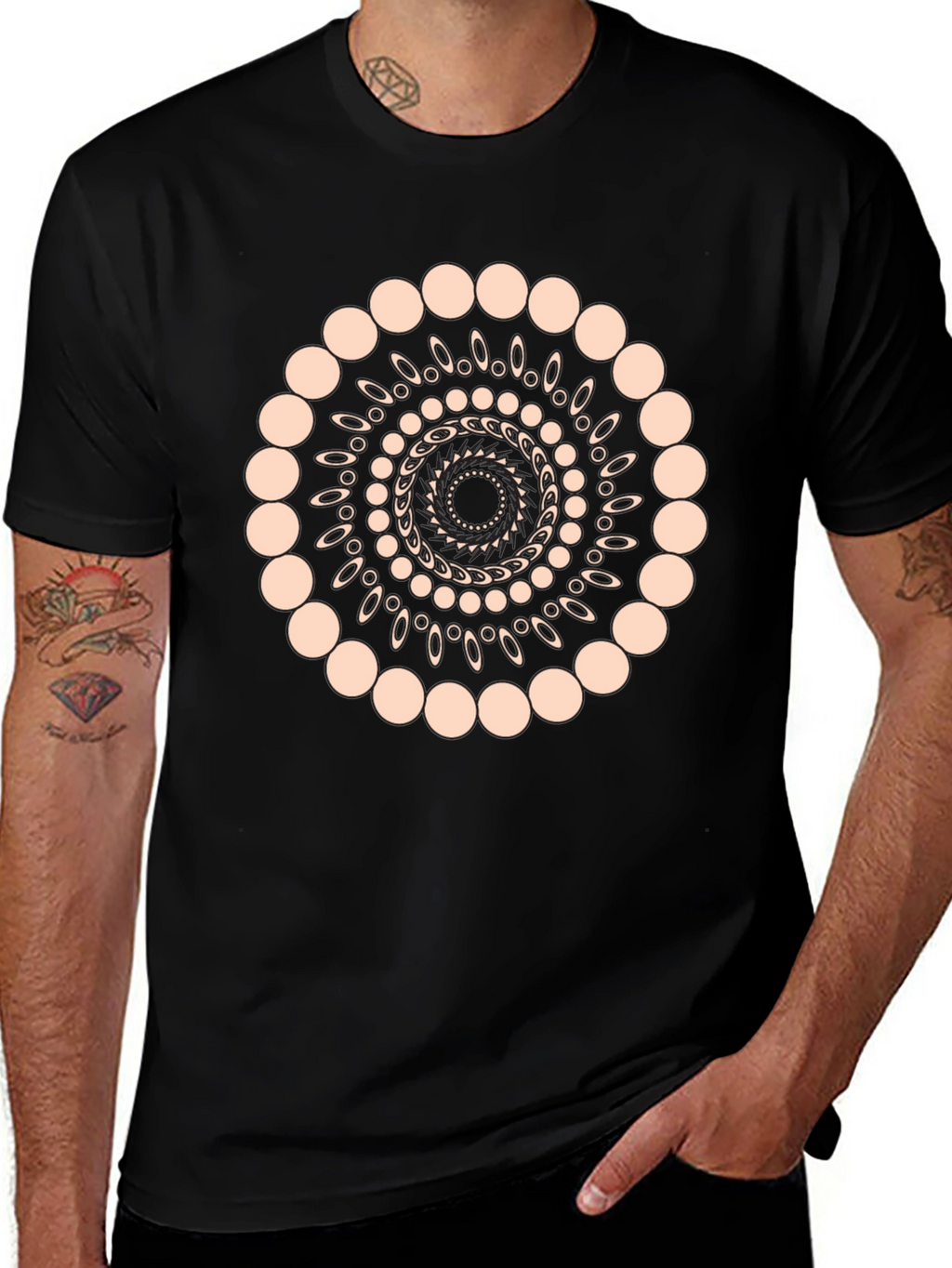 Geometric Spiral Graphic Print Black T-Shirt