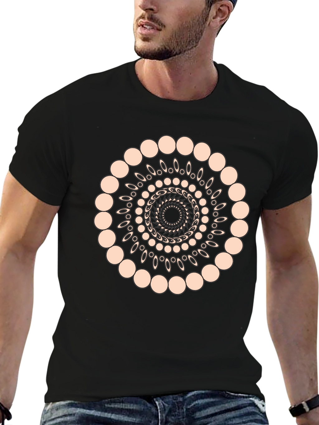 Geometric Spiral Graphic Print Black T-Shirt