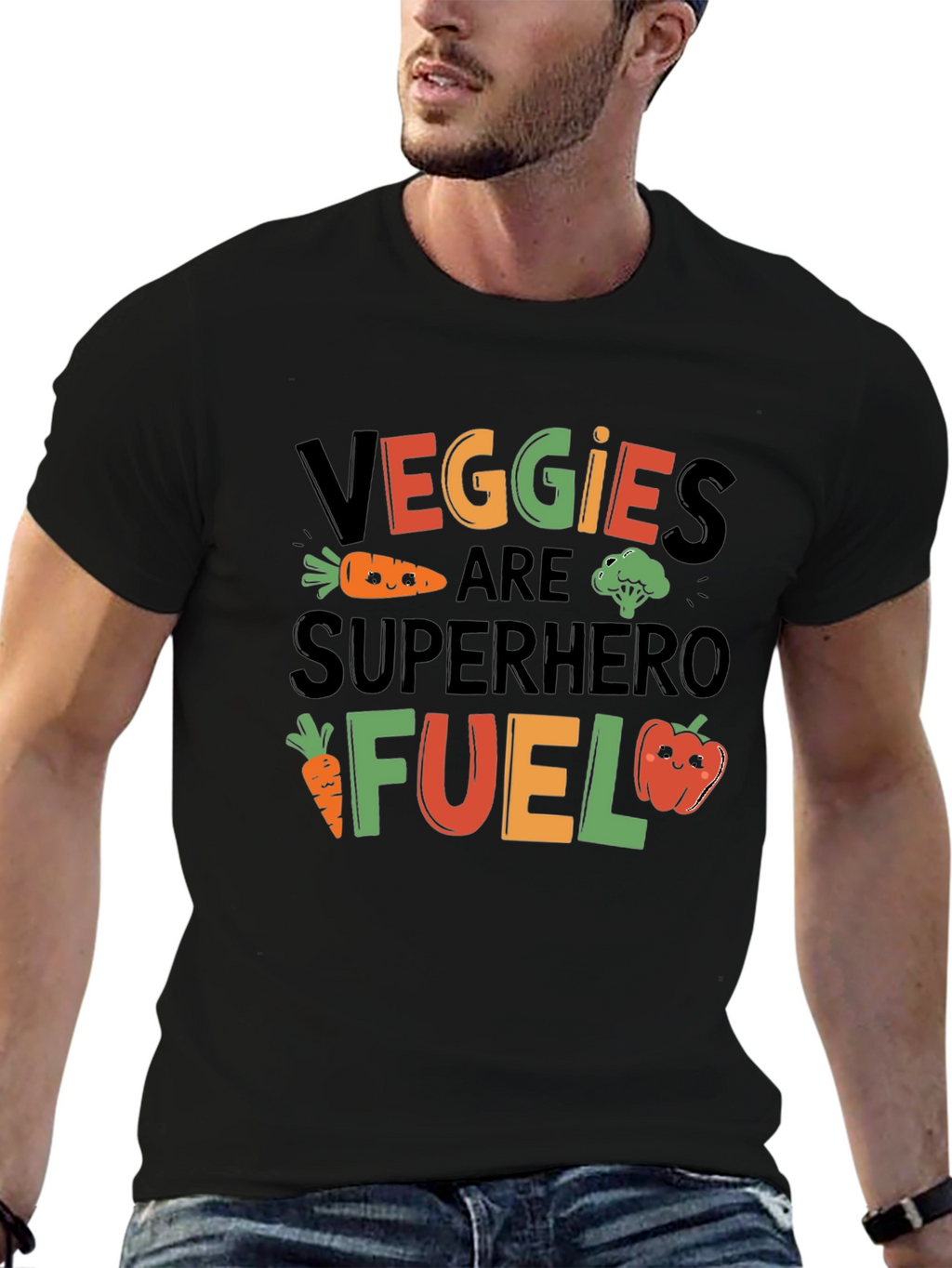 Veggies Superhero Fuel Black Graphic T-Shirt
