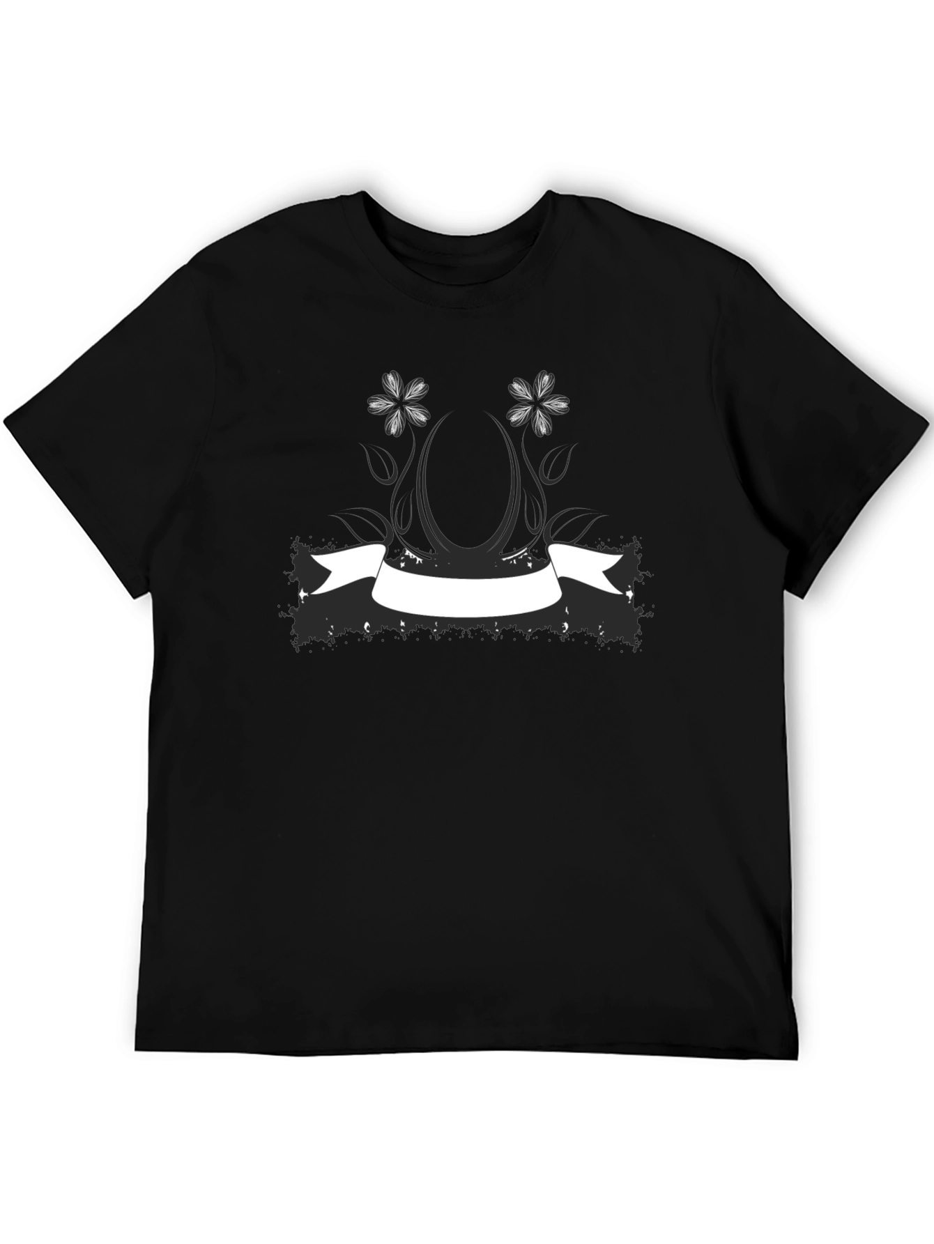 Black Graphic Tee with Floral Banner Design