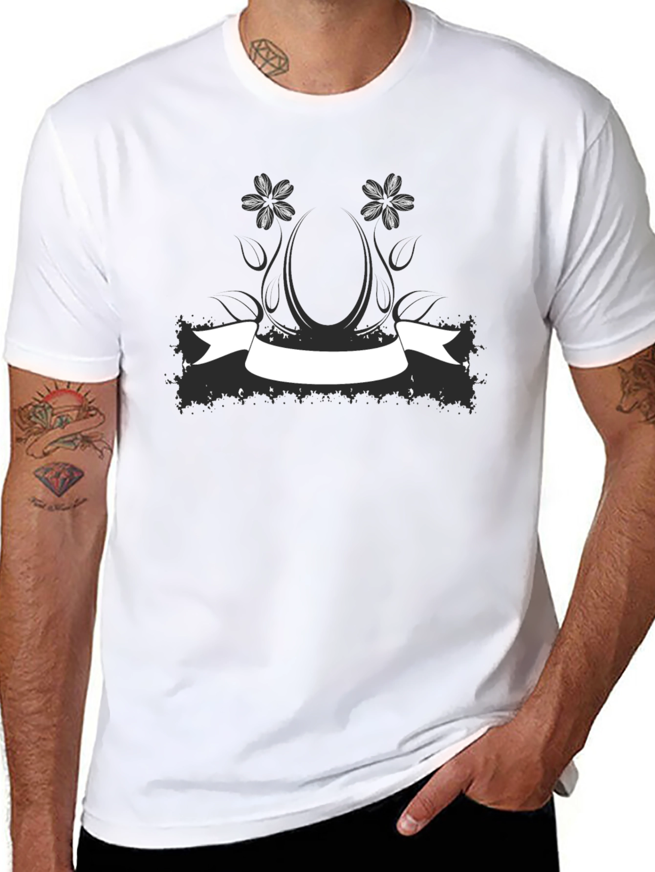 Black Graphic Tee with Floral Banner Design